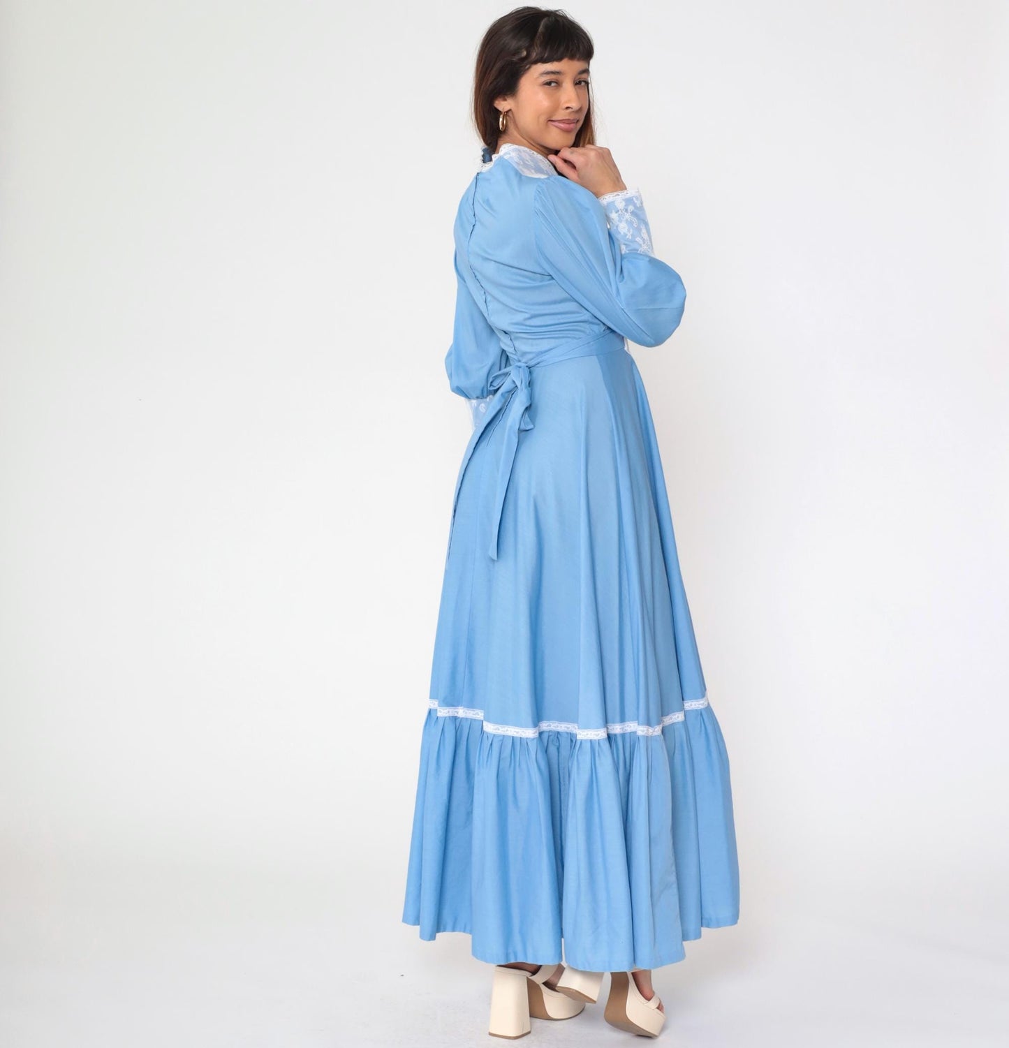 70s Blue Prairie Maxi Dress Lace Bib Puff Sleeve Lace-Up Small