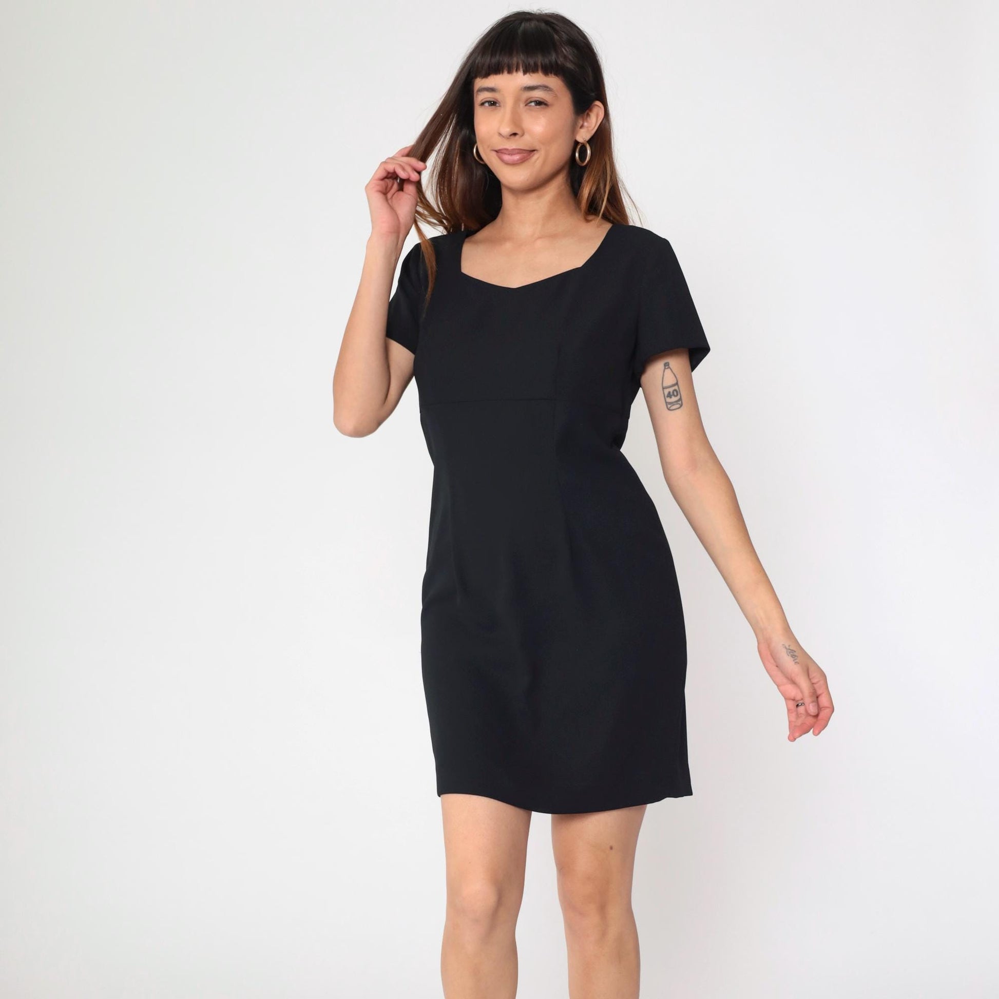 90s Black Mini Sheath Dress Empire Waist Short Sleeve Medium Petite