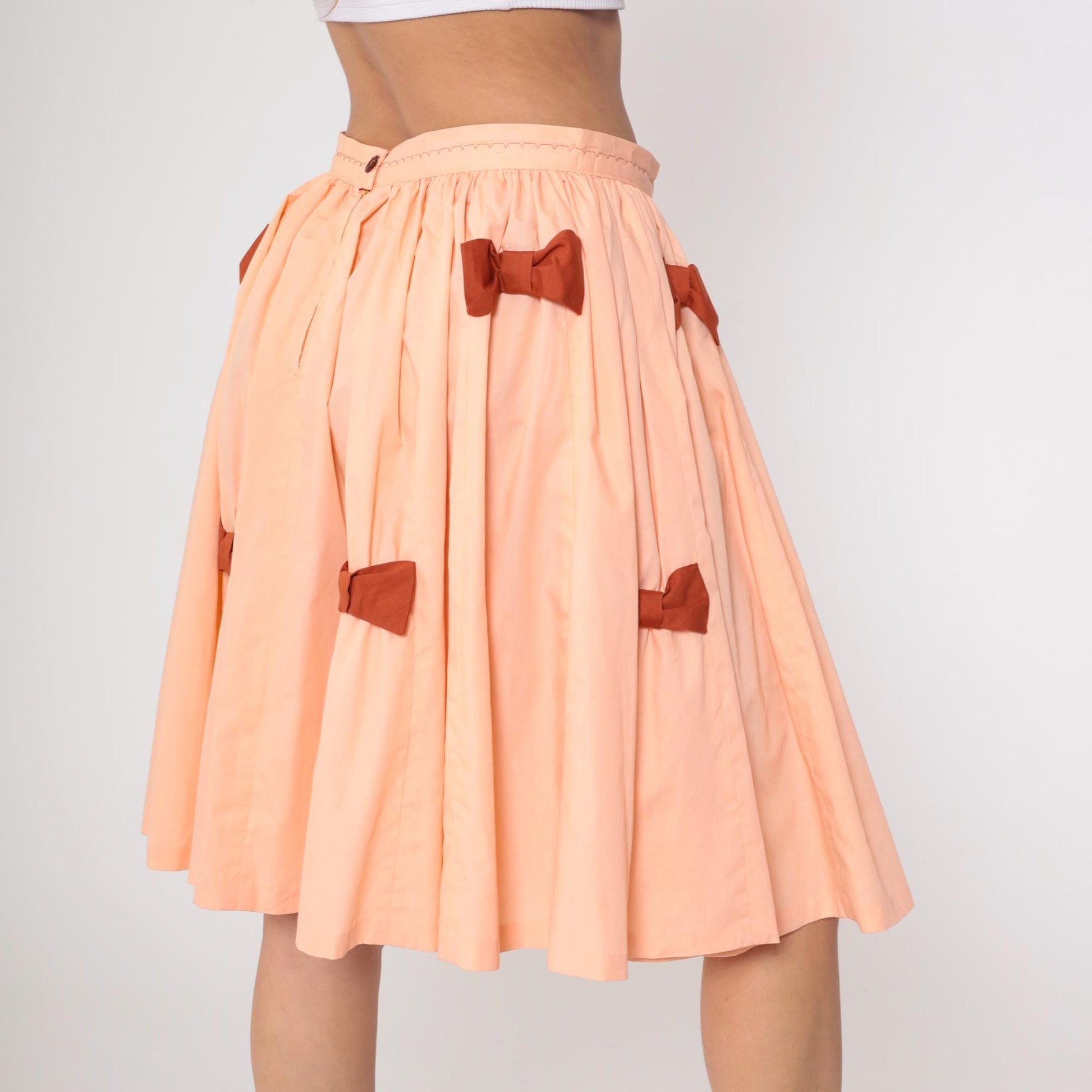 1970s Peach Full Circle Midi Skirt High Waisted Brown Bow Medium