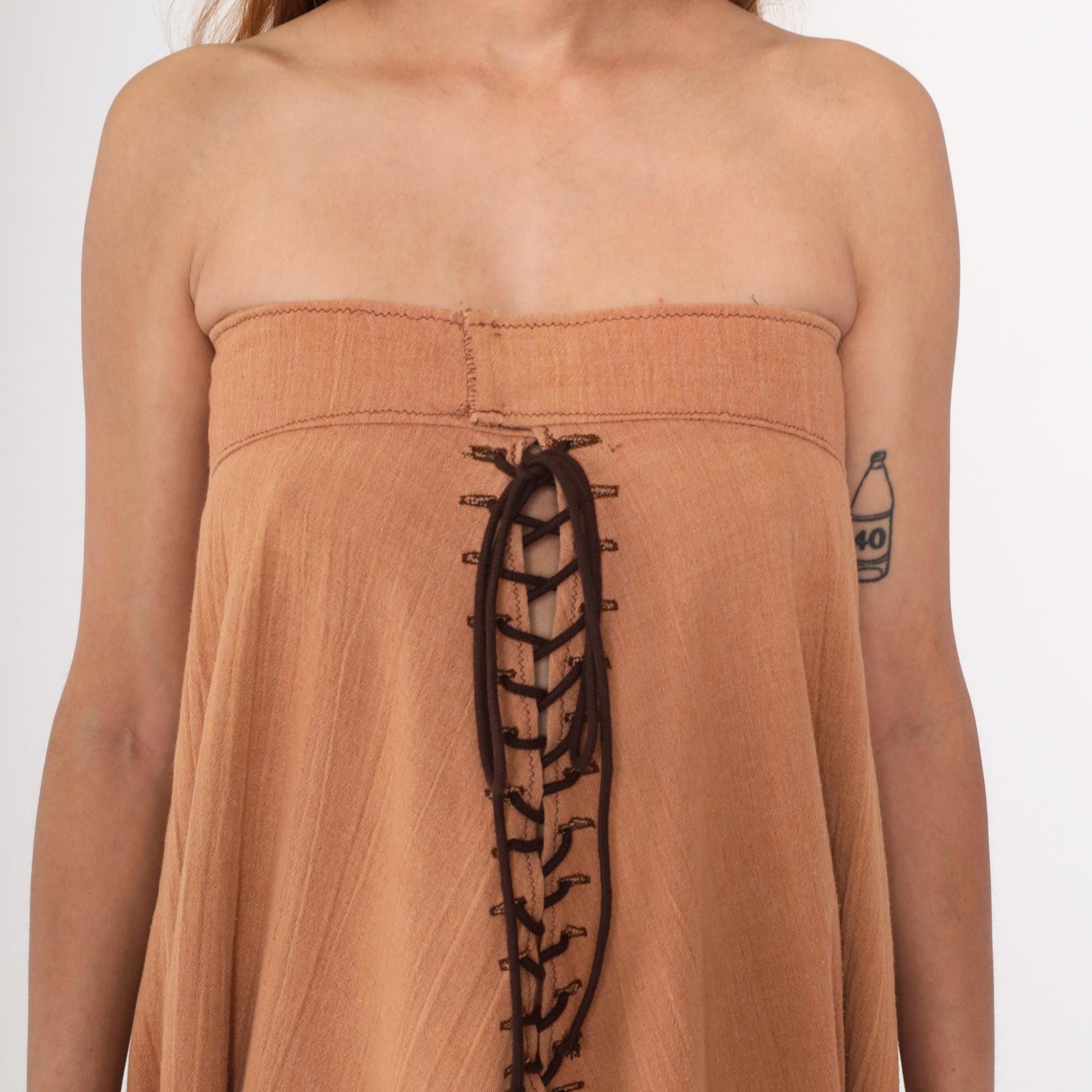 70s Brown Strapless Maxi Dress Lace Up Corset Front Small