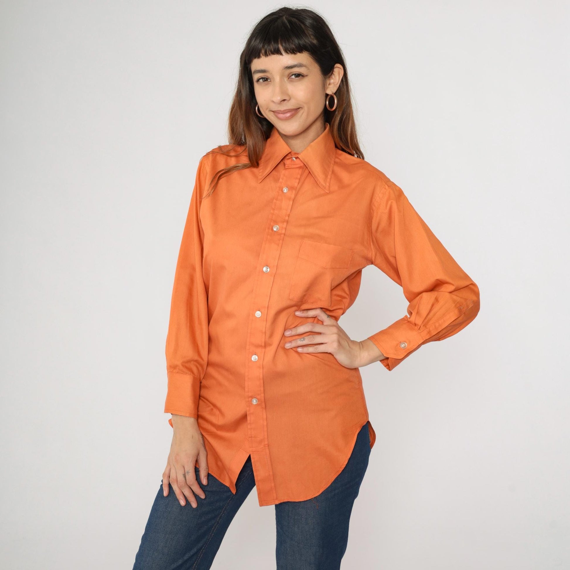 70s Orange Dagger Collar Button-Up Shirt Long Sleeve Men's Small