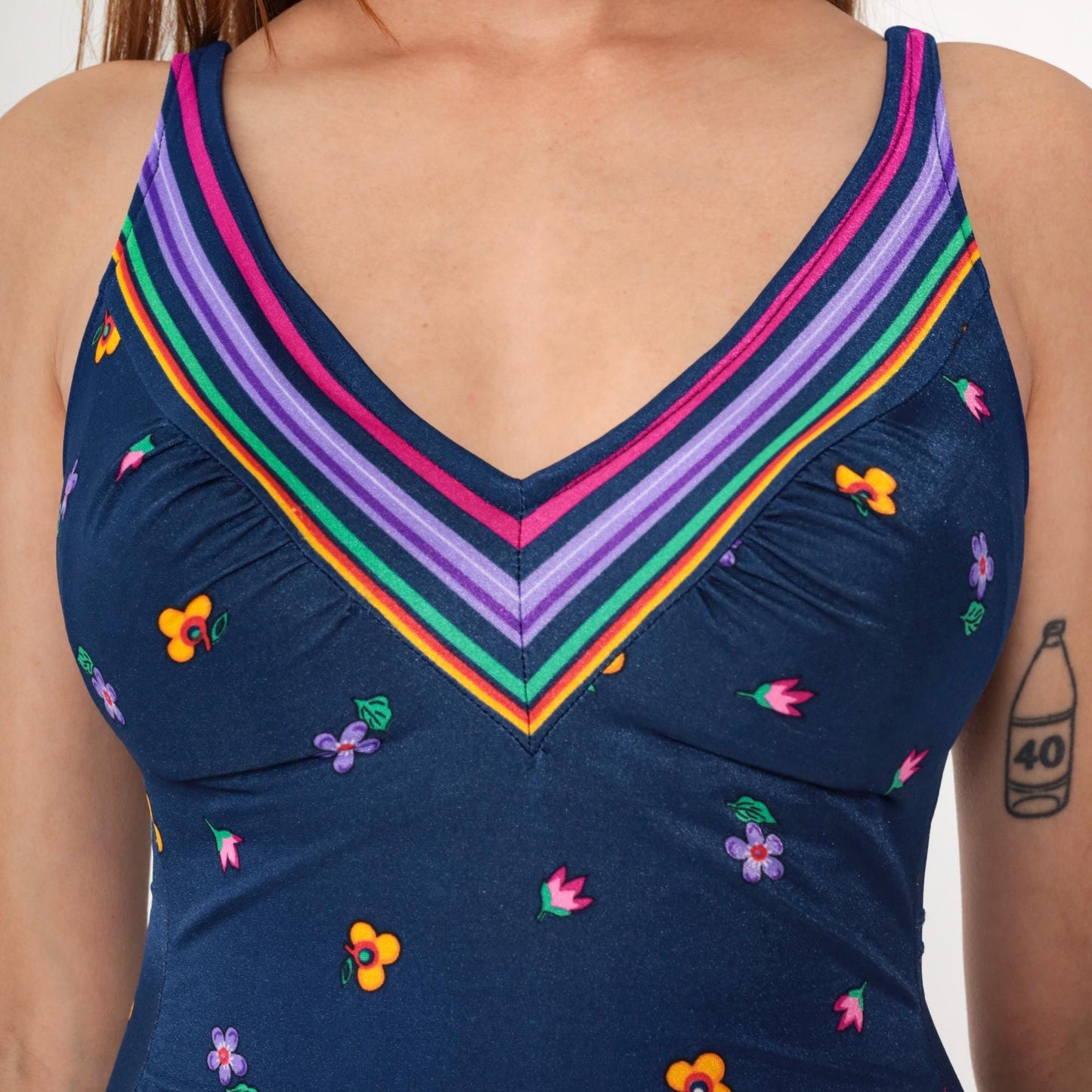 80s Navy Floral Swimsuit & Maxi Wrap Skirt Set V-Neck Boyleg One-Piece Medium 8