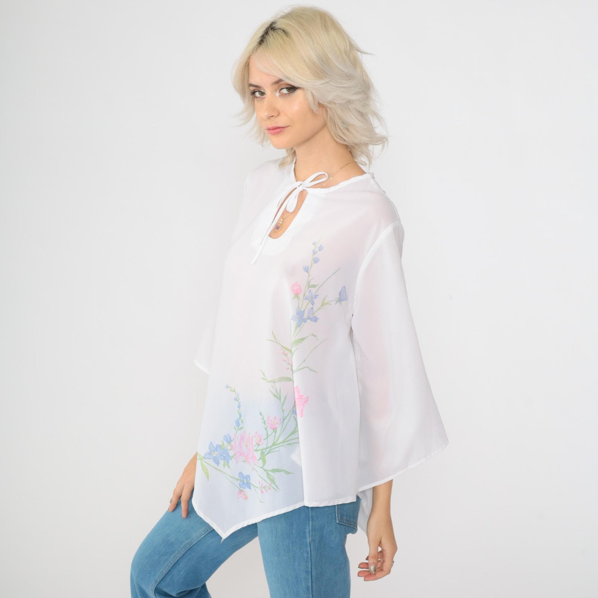 70s Teddi of California Floral Blouse White Bell Sleeve Keyhole Neck Medium