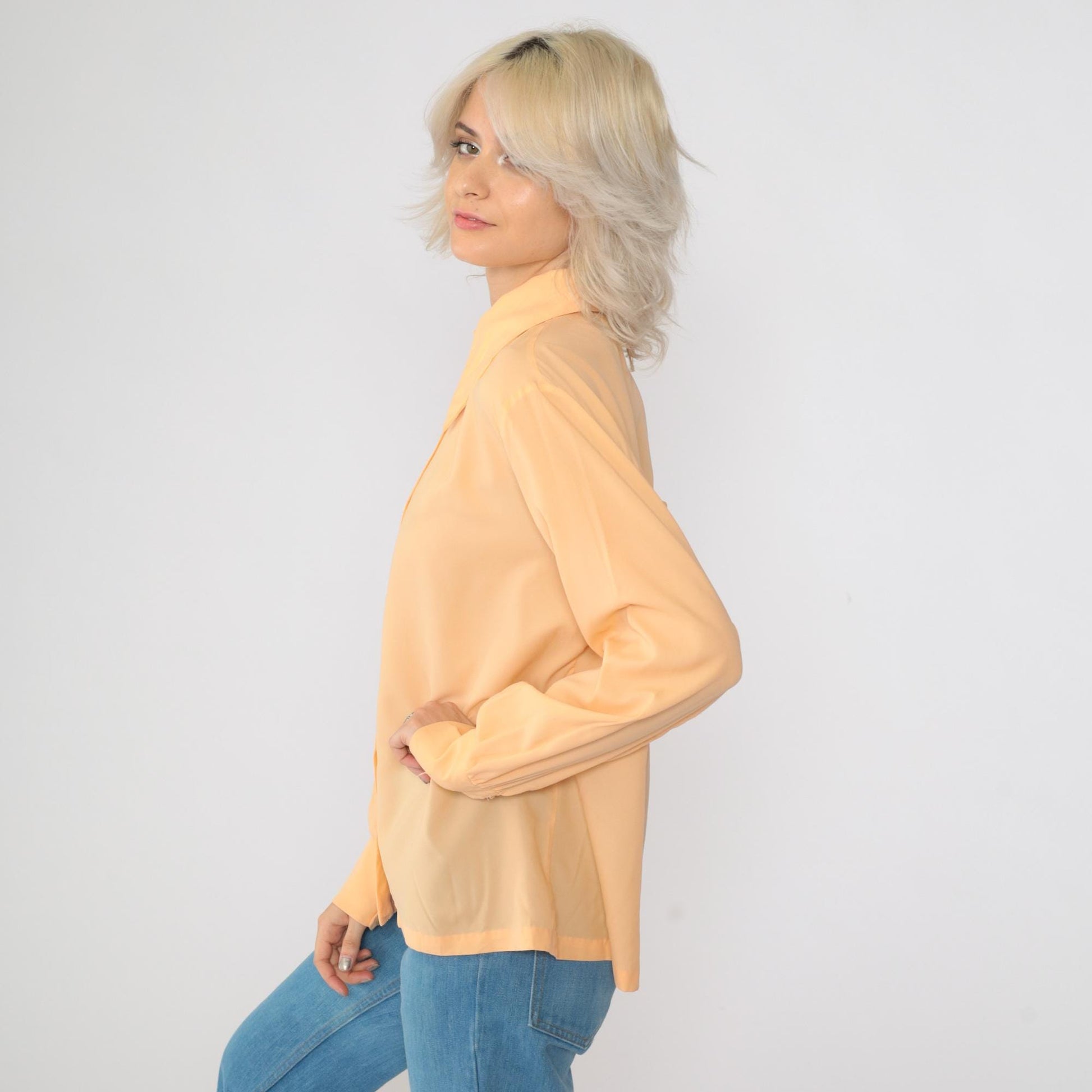 70s Peach Dagger Collar Button-Up Shirt Long Sleeve Large L
