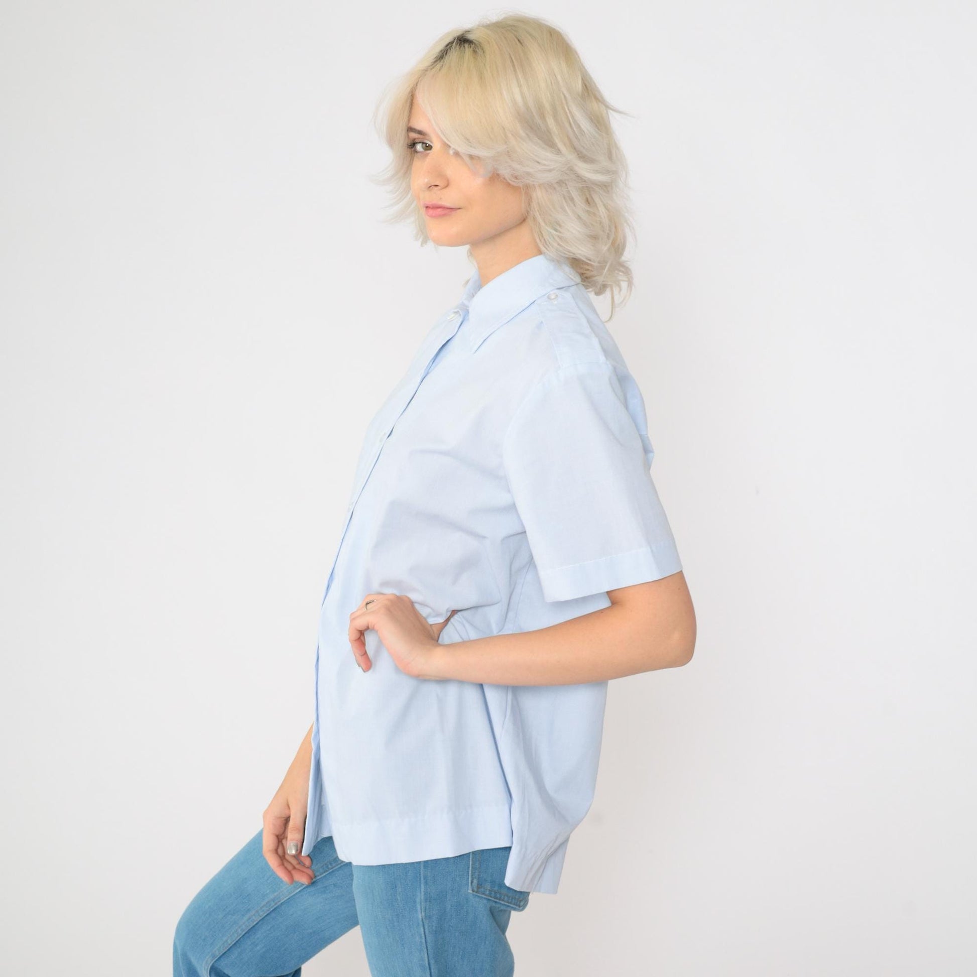 90s Baby Blue Maternity Utility Shirt Short Sleeve Button Up Small