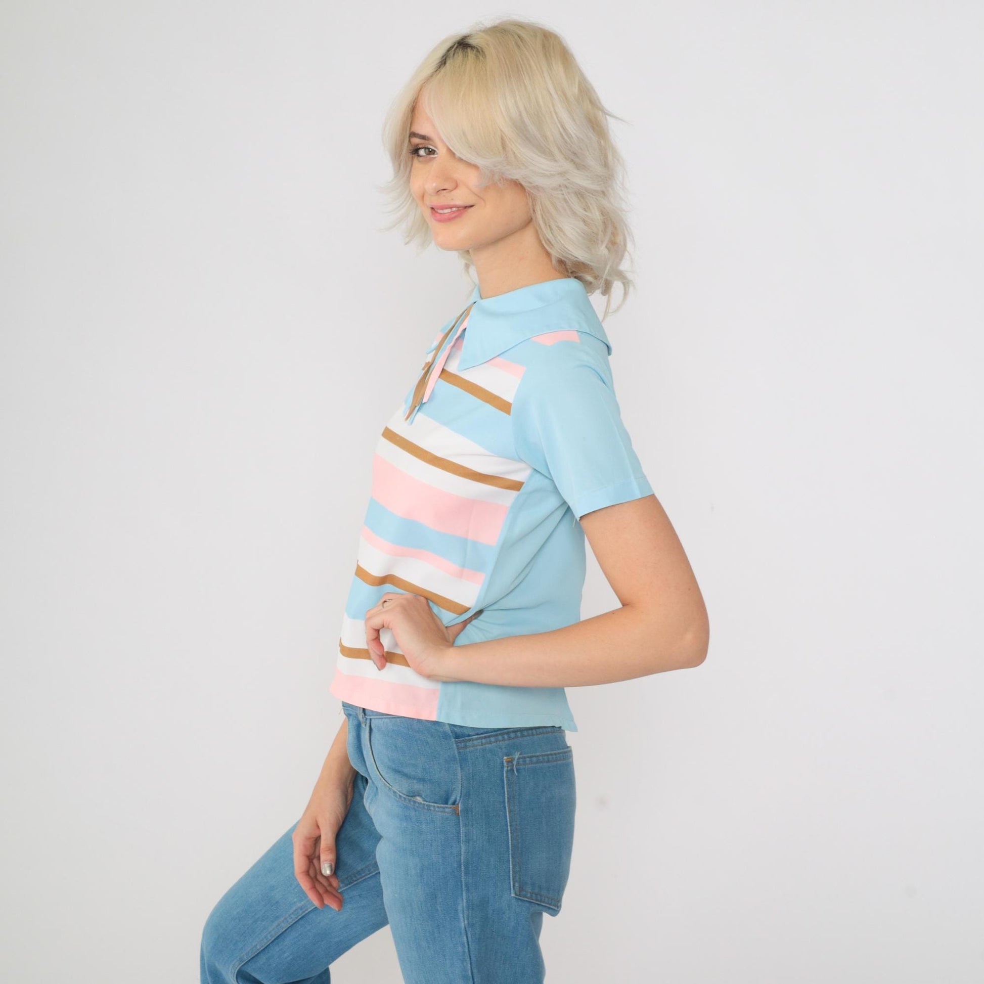 60s Striped Blouse Pilgrim Collar Tassel Neckline Blue Pink Brown Extra Small