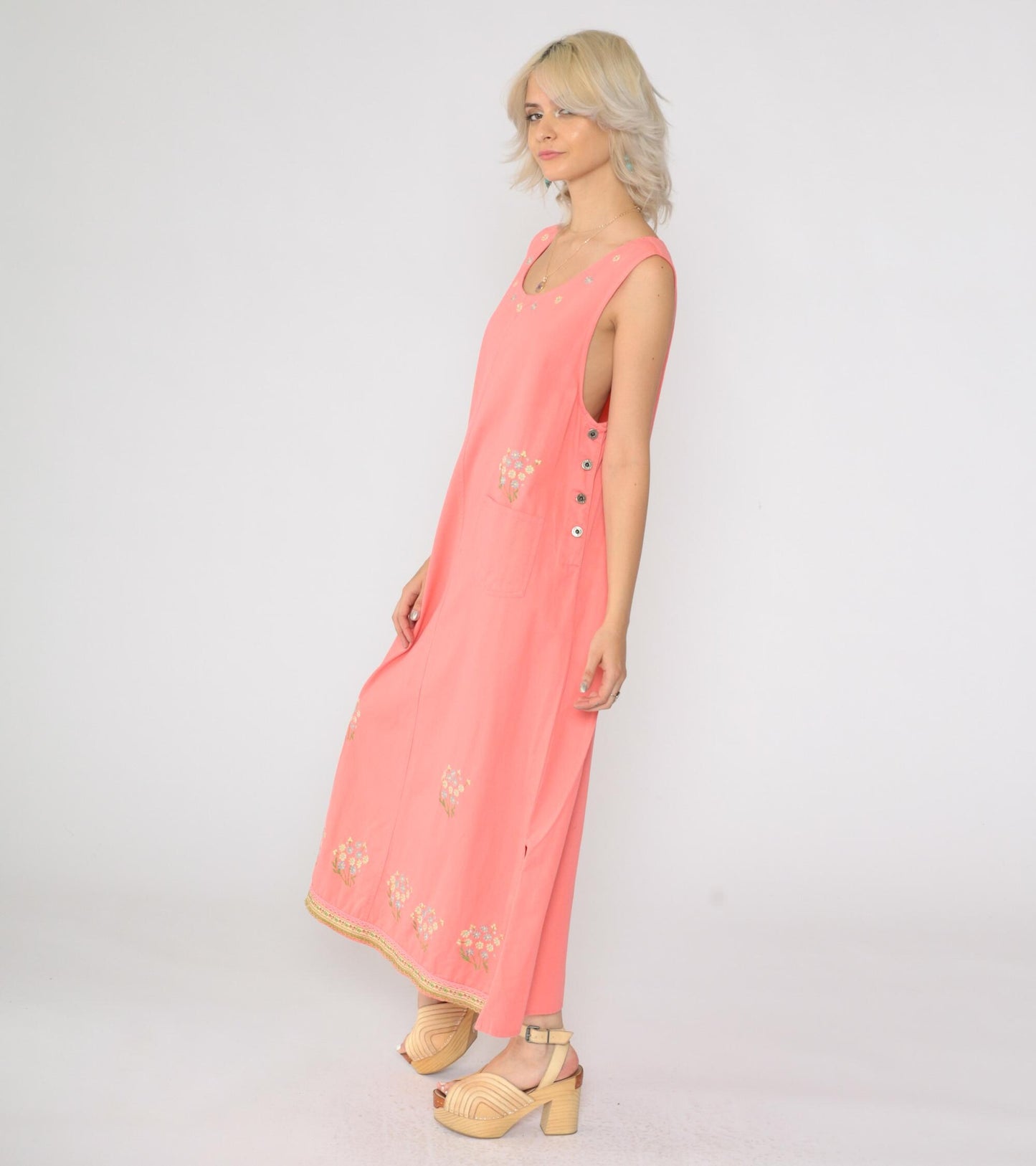90s Pink Floral Embroidered Cotton Maxi Dress Sleeveless Large L