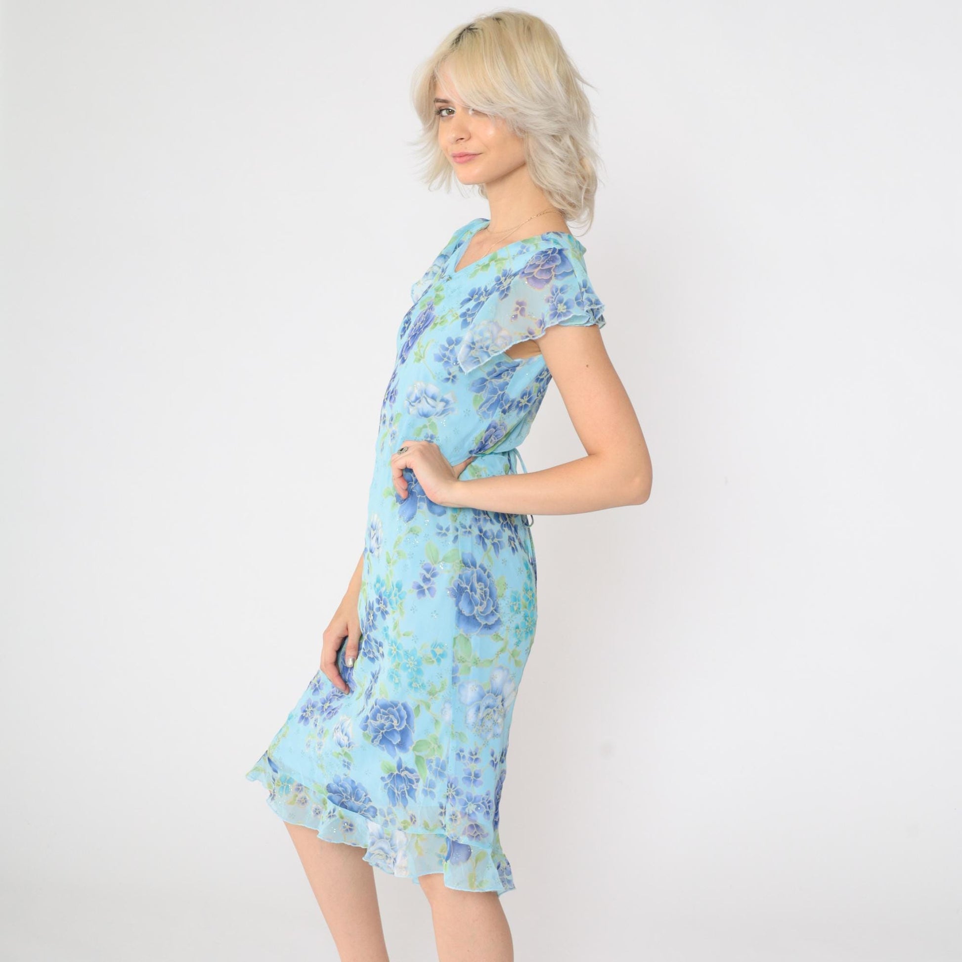 90s Blue Sparkly Floral Midi Dress Asymmetrical V-Neck Flutter Sleeve Small