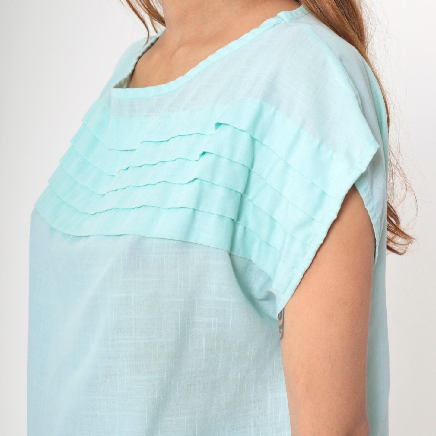 80s Angela Pellina Aqua Cap Sleeve Blouse Pleated Chest Medium
