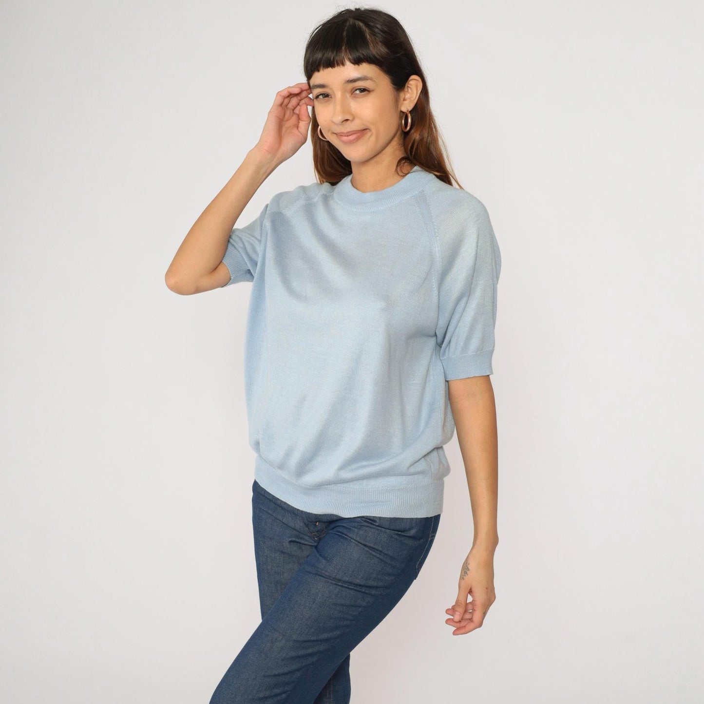 80s Blue Knit Sweater Raglan Short Sleeve Crewneck Rear Zip Large L