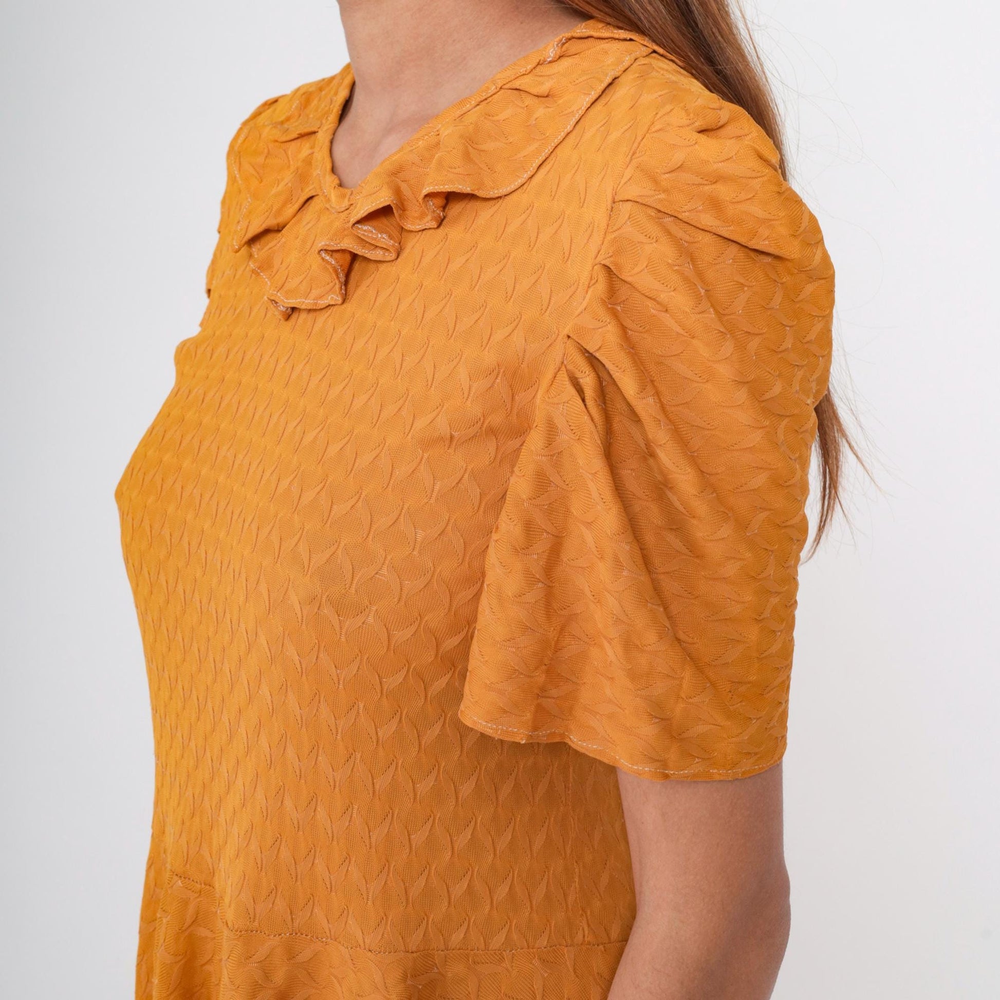 1960s Marigold Orange Mini Dress Puff Sleeves Ruffled Collar Textured Knit Small Medium