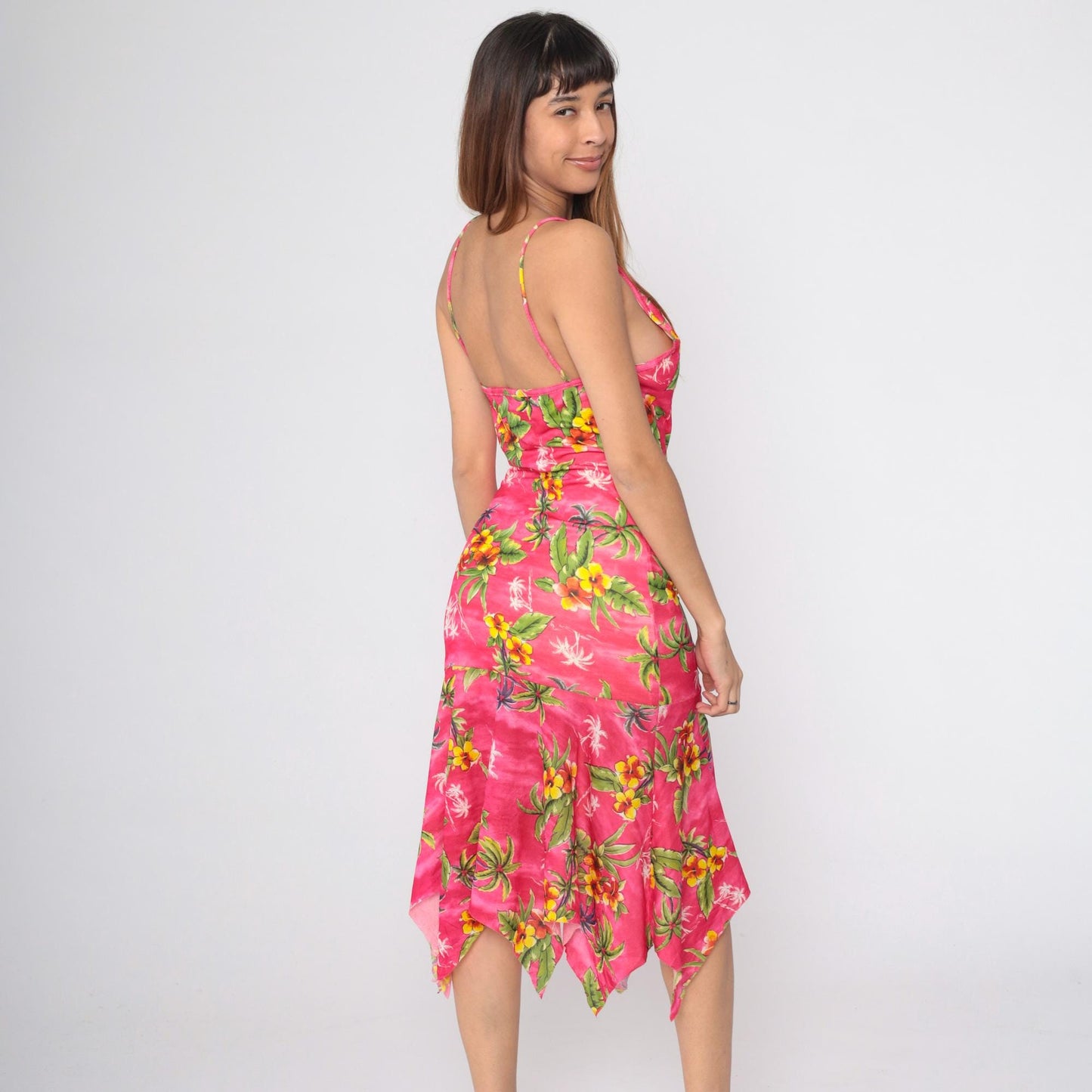 Y2K Pink Hibiscus Floral Midi Dress Bodycon Spaghetti Strap Hanky Hem Small