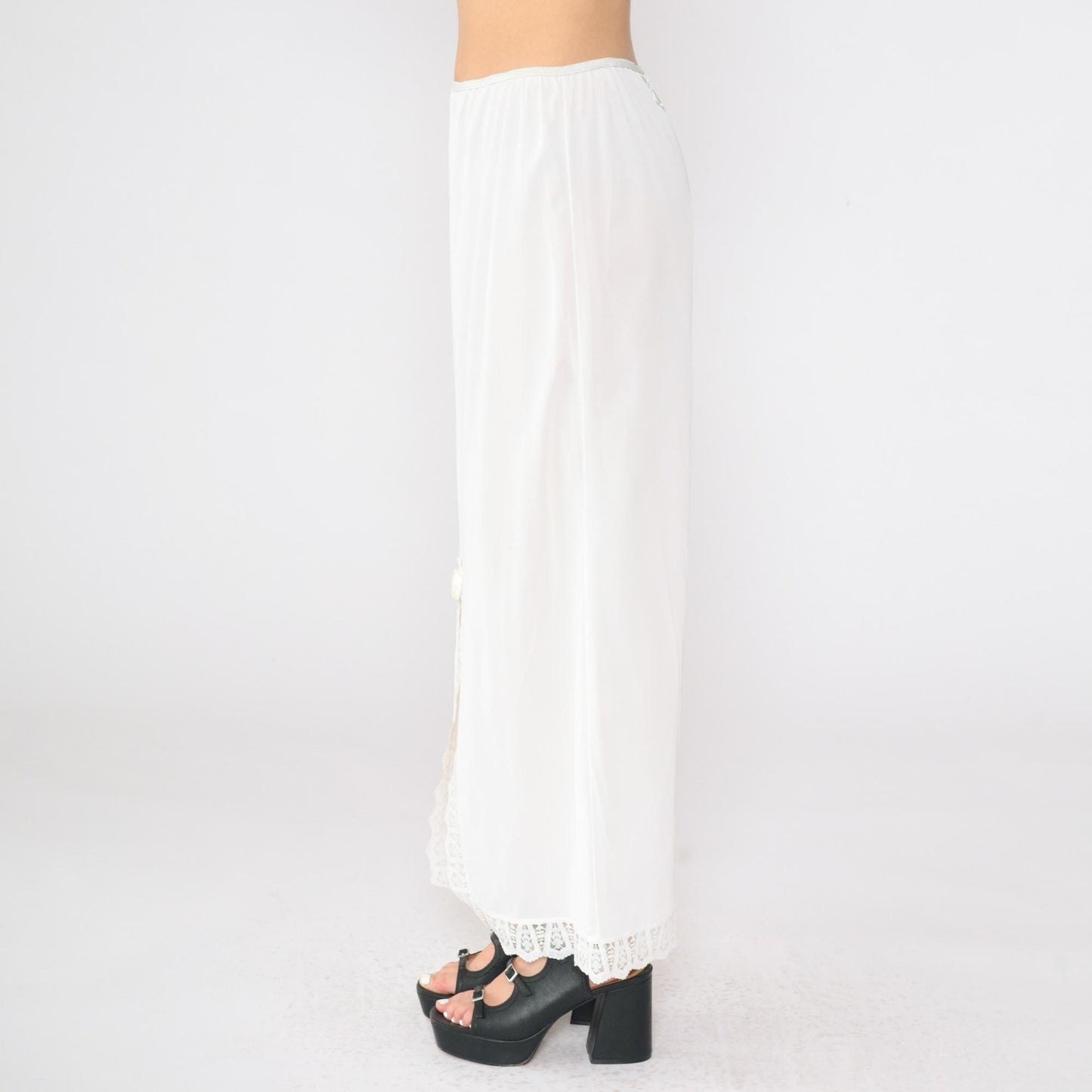70s White Lace Slip Skirt Semi-Sheer Front Slit Maxi Medium Large