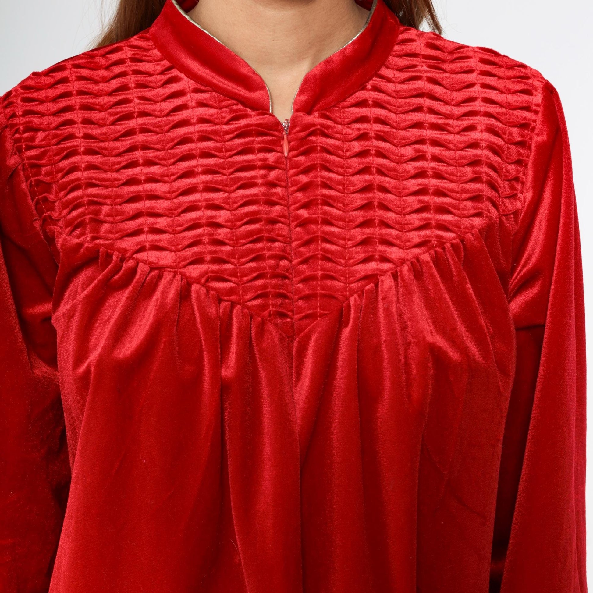 90s Red Velour Maxi Robe Dress Zip Front Gold Trim Large XL