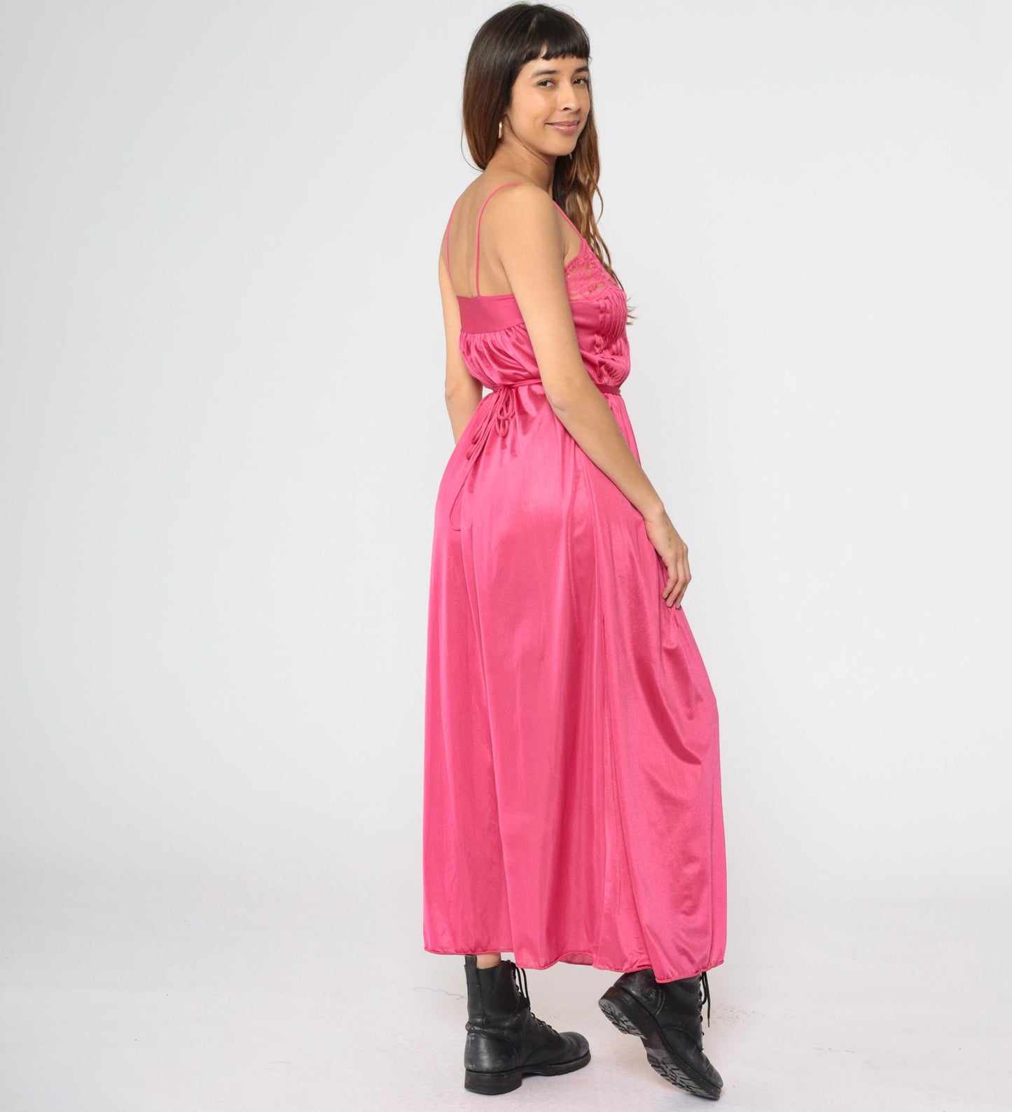 70s Lily of France Deep Pink Lace Maxi Slip Nightgown Spaghetti Strap Small S