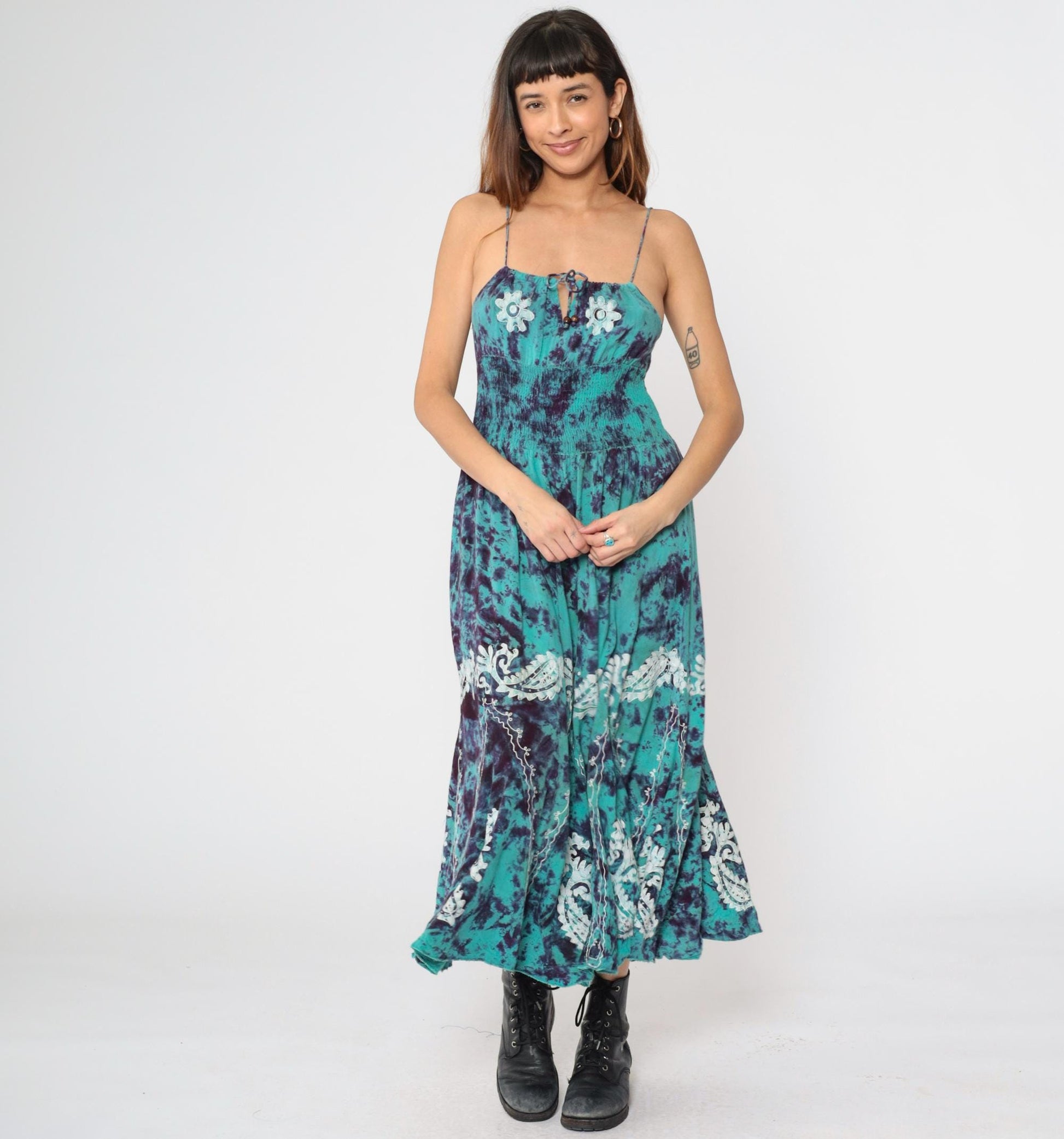 90s Tie Dye Midi Sun Dress Turquoise Purple Smocked Spaghetti Strap Small Medium