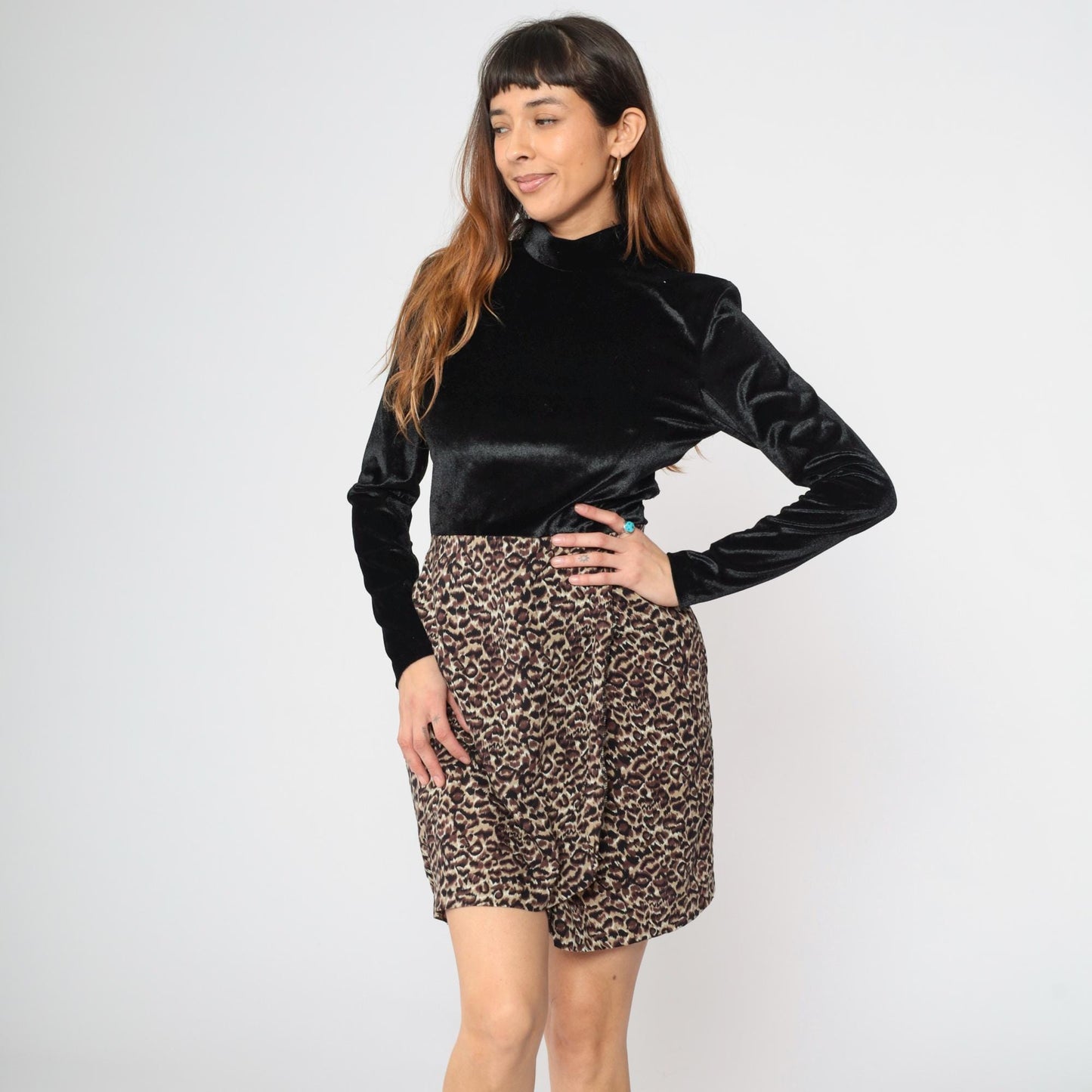 90s Velour Leopard Print Mini Dress Mock Neck Black Long Sleeve Small