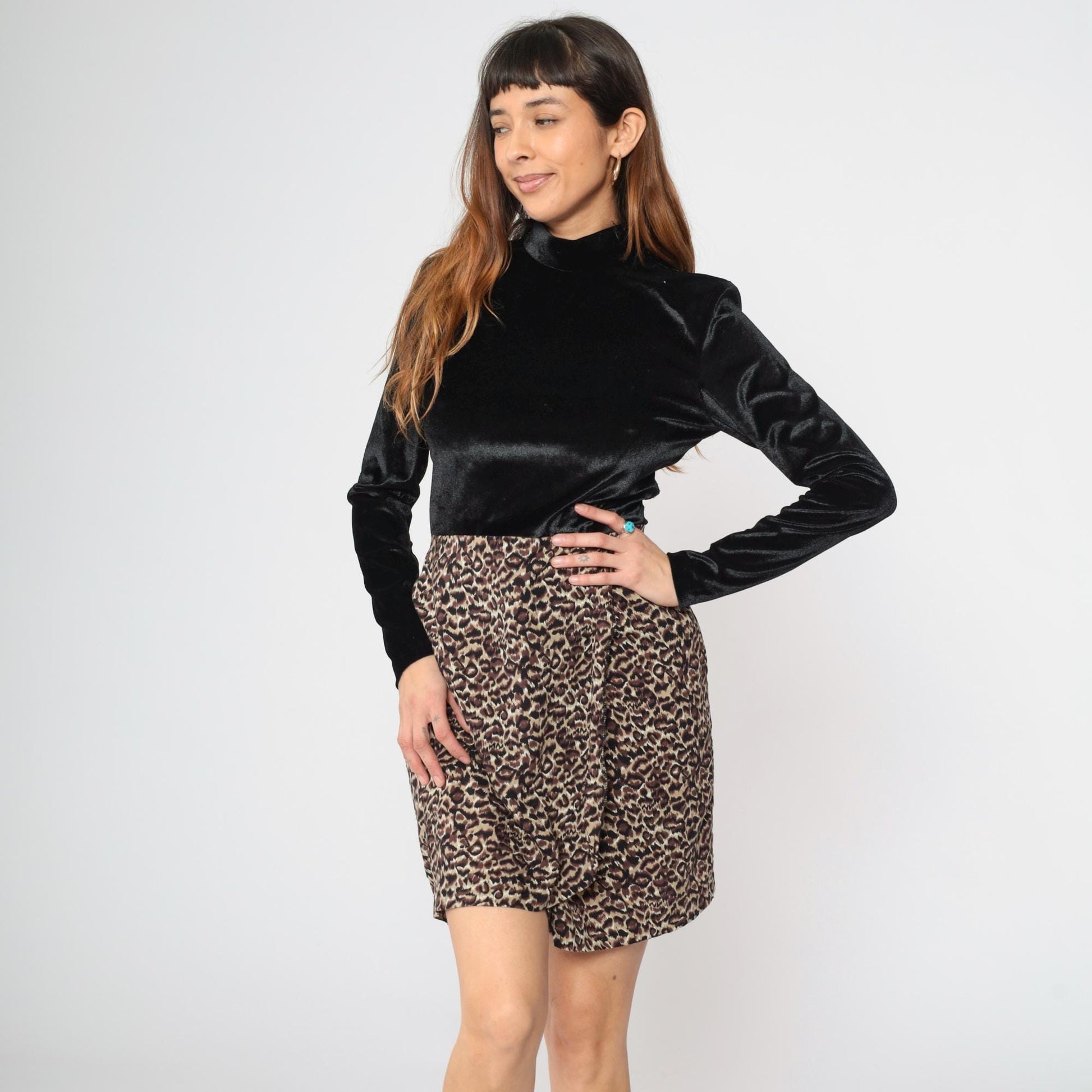 90s Velour Leopard Print Mini Dress Mock Neck Black Long Sleeve Small
