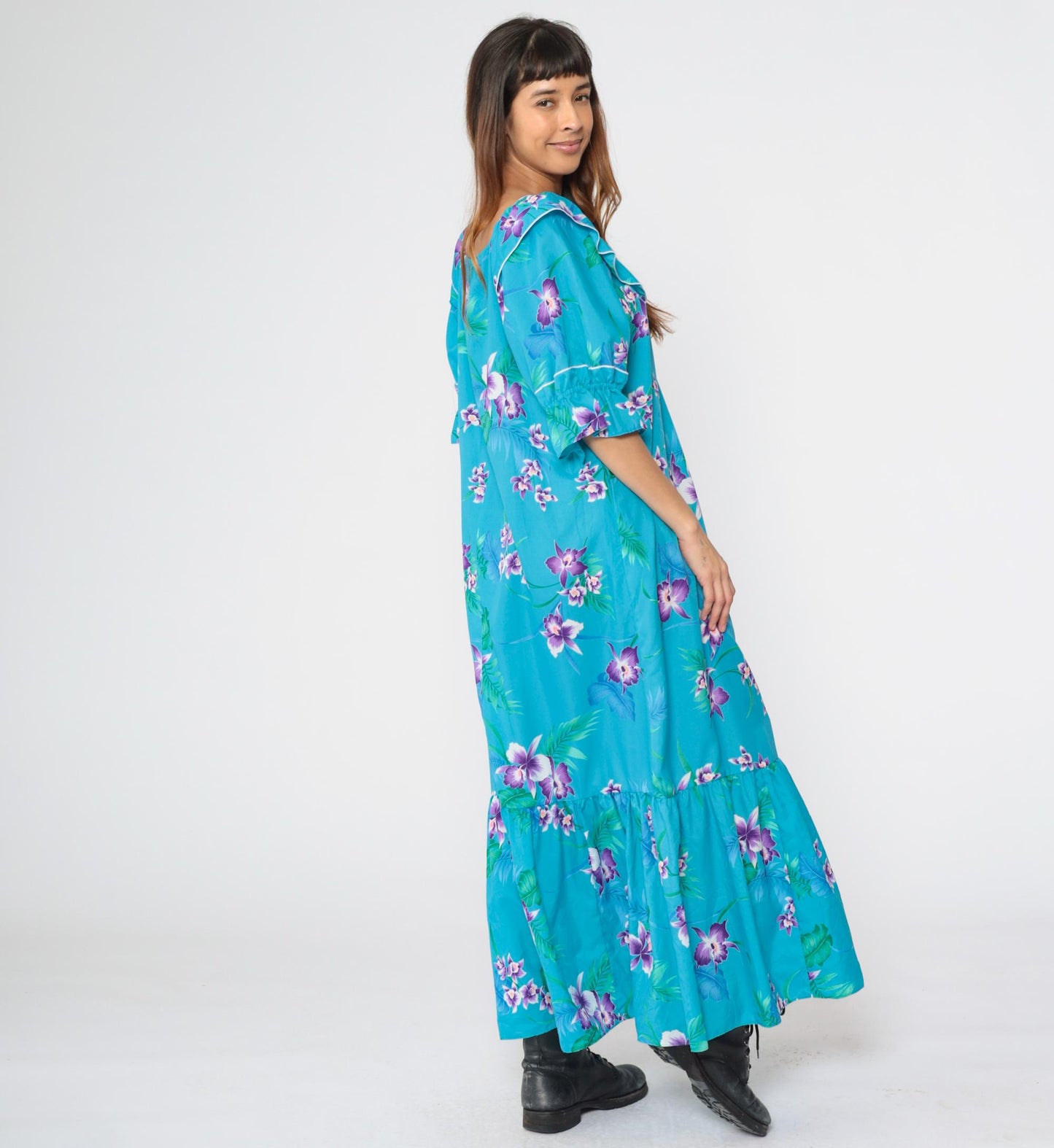 80s Blue Tropical Floral Maxi Dress 3/4 Sleeve Flounce Hem Medium