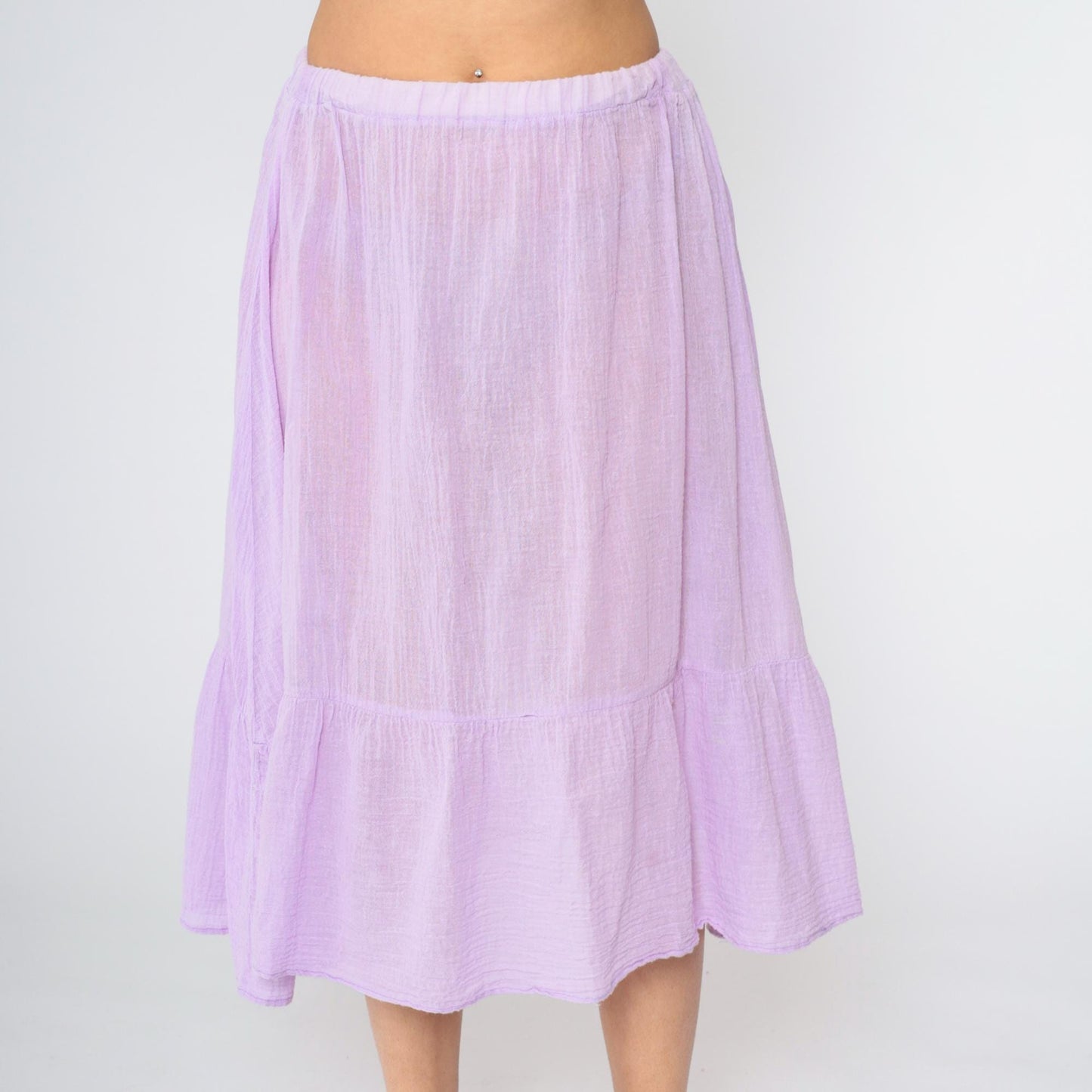 70s Lavender Gauze Peasant Skirt High Waist Flounce Midi Cotton Medium