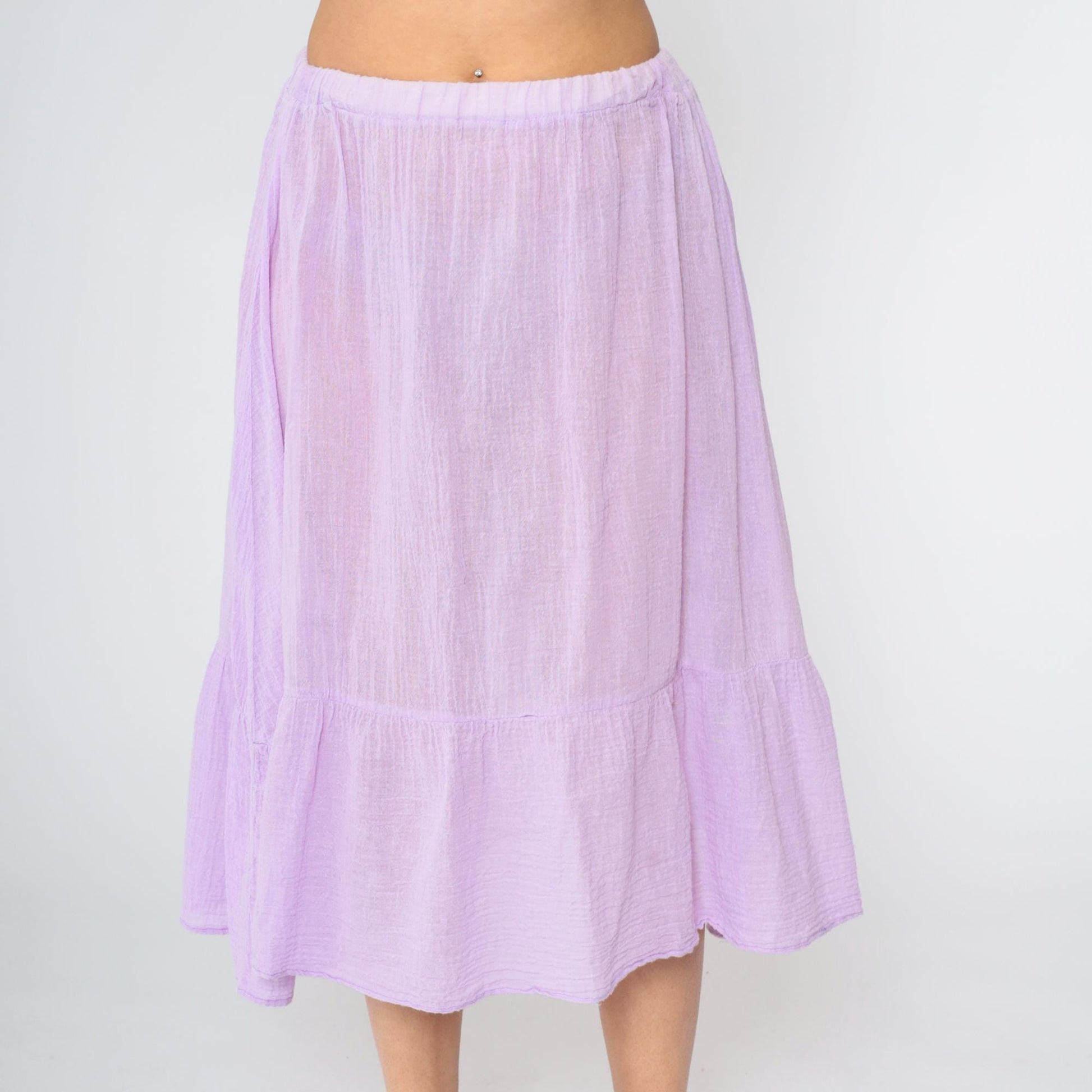 70s Lavender Gauze Peasant Skirt High Waist Flounce Midi Cotton Medium
