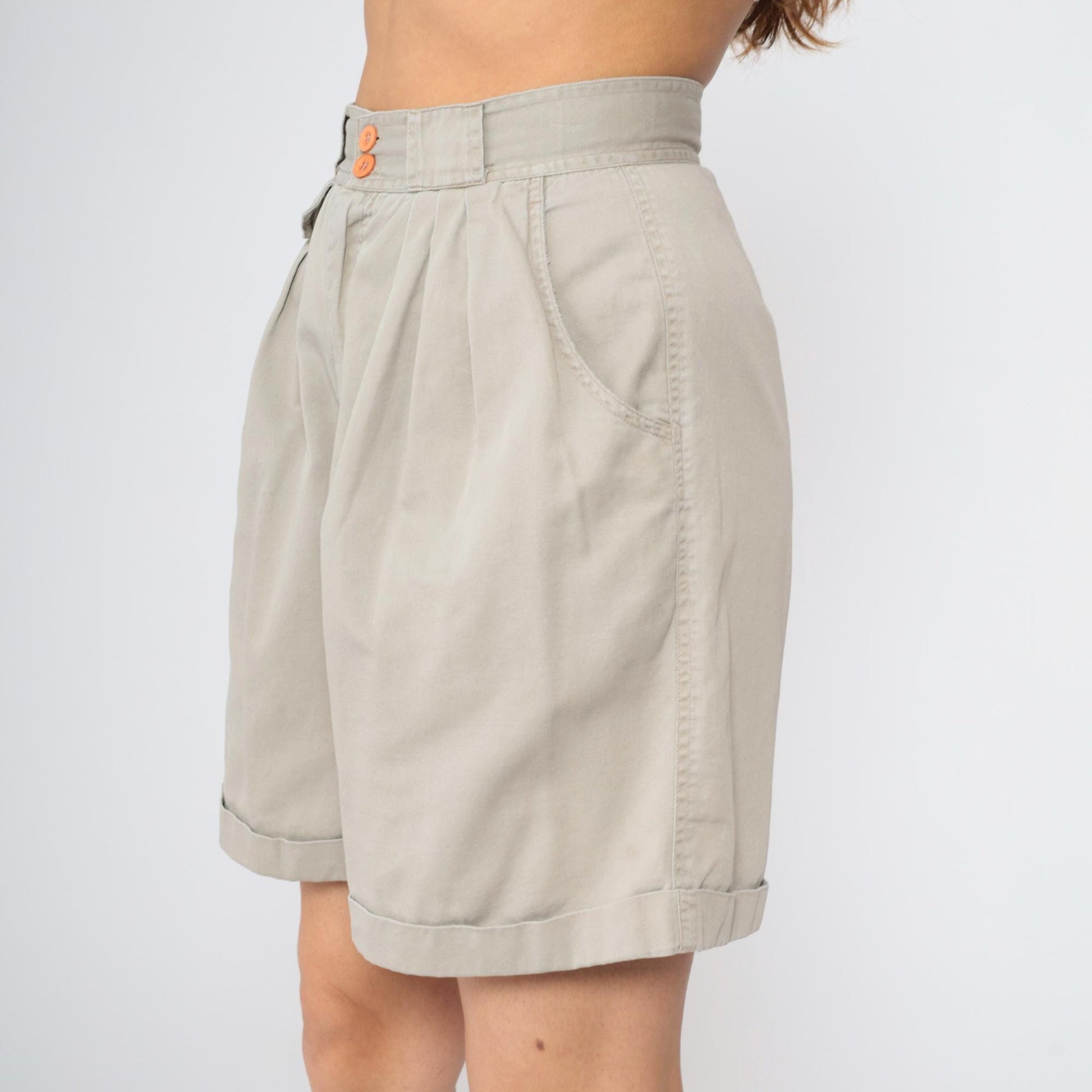 90s Khaki Pleated Shorts High Waisted Trouser Baggy Cotton Small
