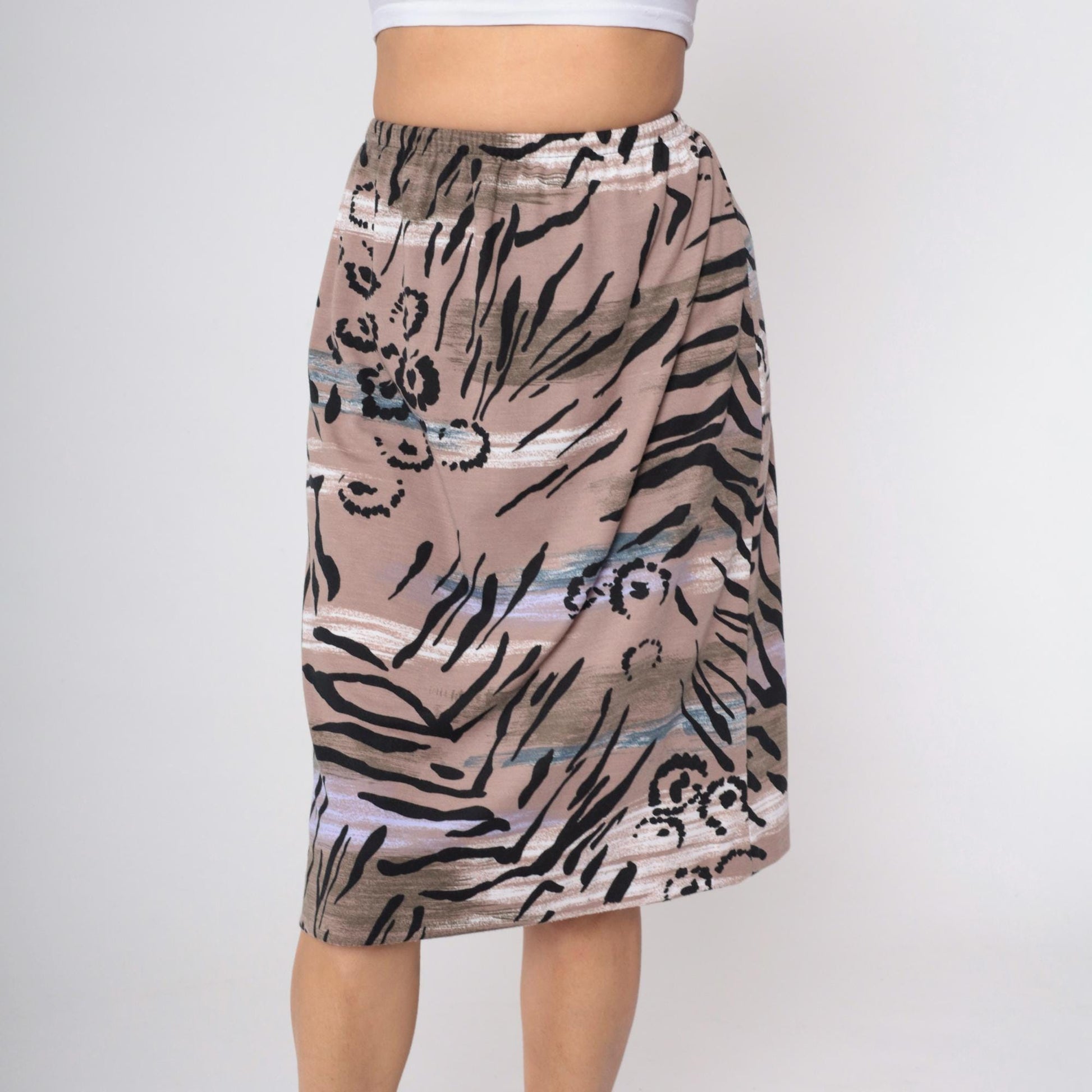 90s Abstract Floral Midi Skirt High Waist Tropical Leaf Print Taupe Small