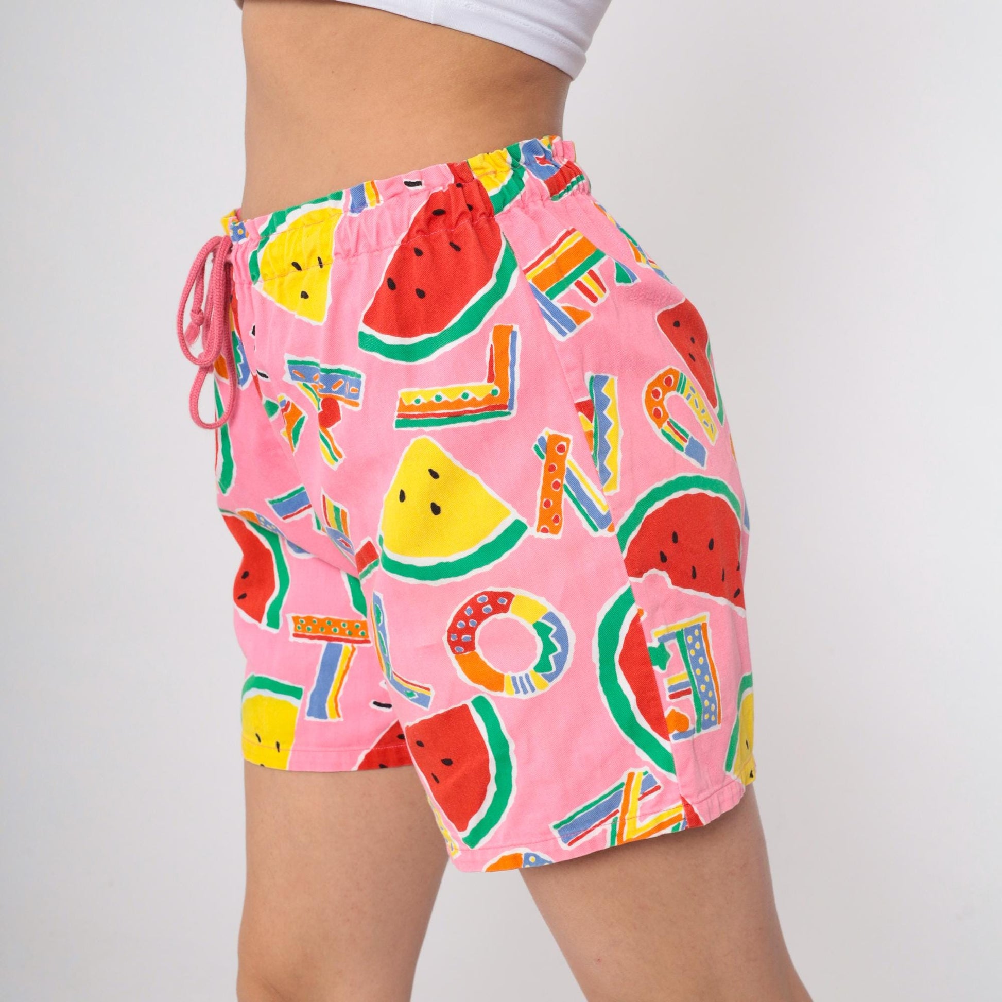 90s Tropical Watermelon Alphabet Print Shorts Pink Drawstring Small Medium