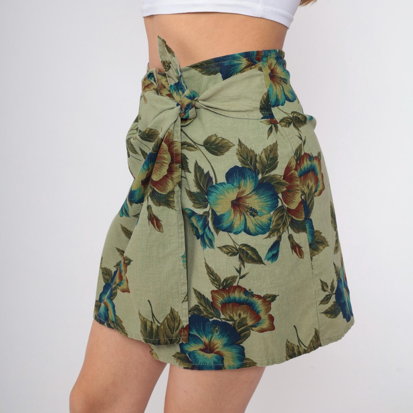90s Express Tropical Floral Wrap Skirt Green Mini Linen Cotton Small