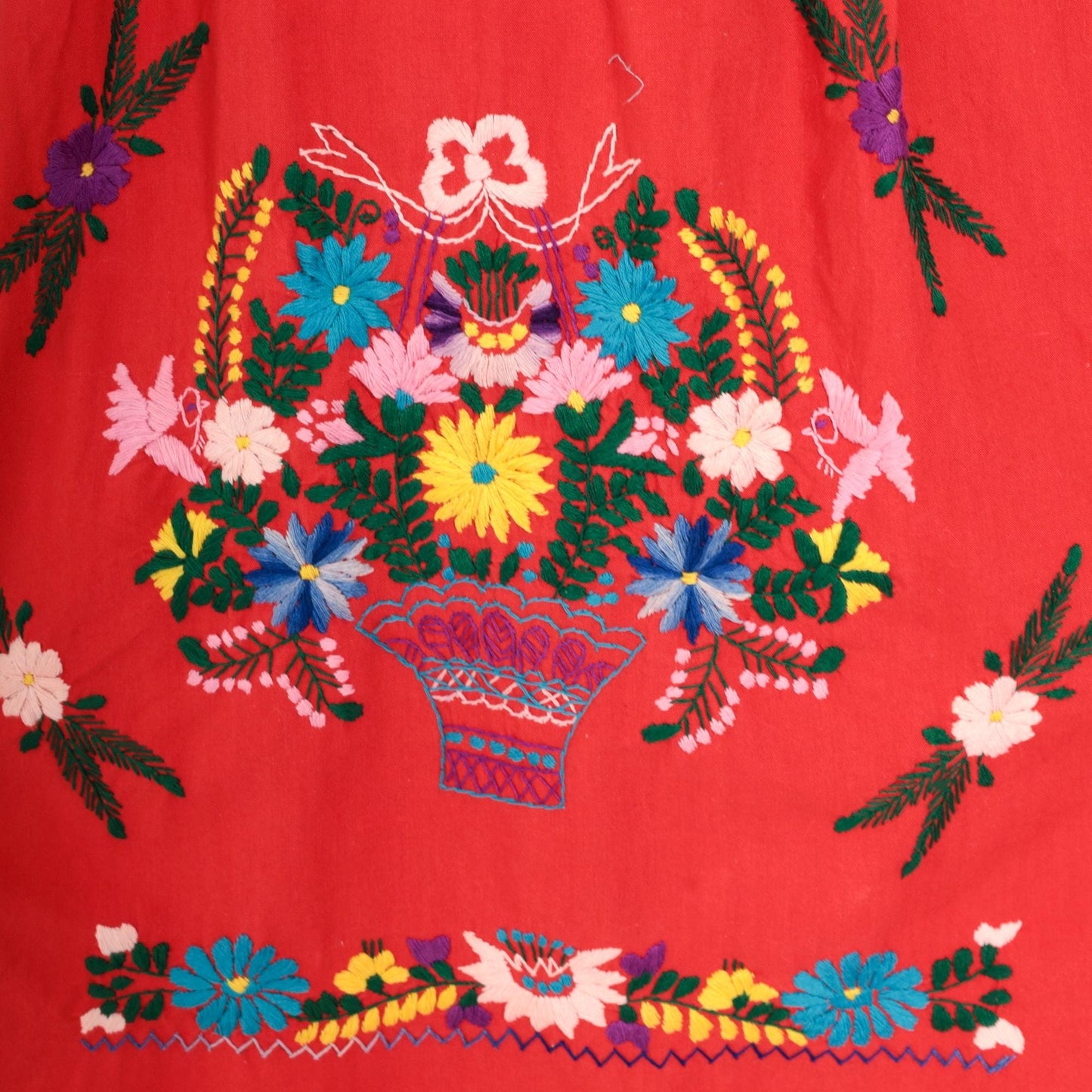 90s Red Mexican Midi Dress Embroidered Floral Short Sleeve Medium