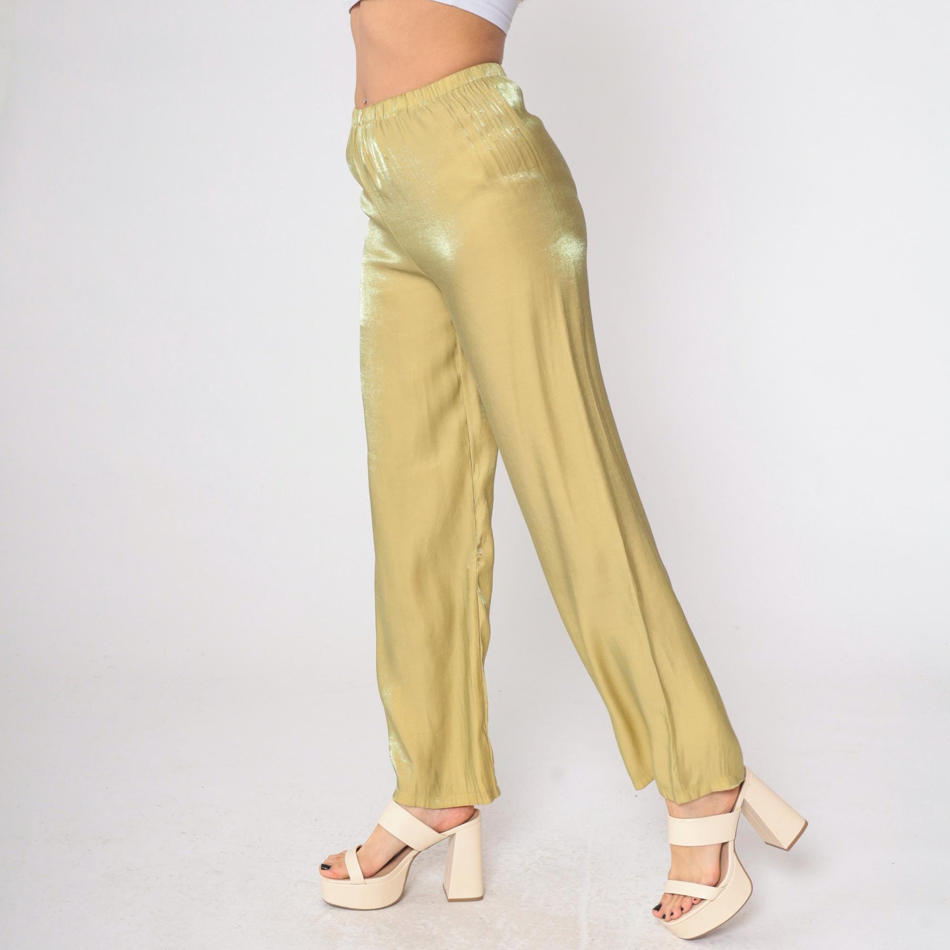 90s Iridescent Gold Metallic Straight Leg Trousers High Waist Small XS
