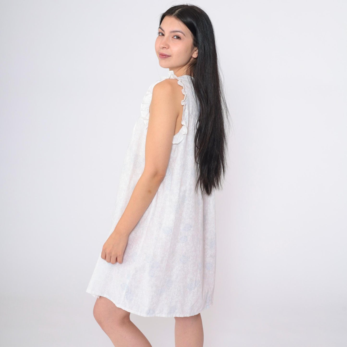 90s White Floral Nightgown Peter Pan Collar Embroidered Ruffled Mini Small