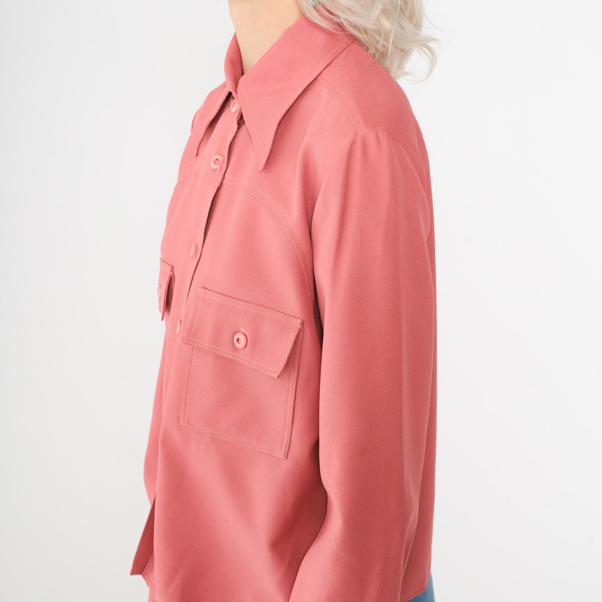 70s Pink Dagger Collar Button-Up Blouse Long Sleeve Chest Pocket Medium