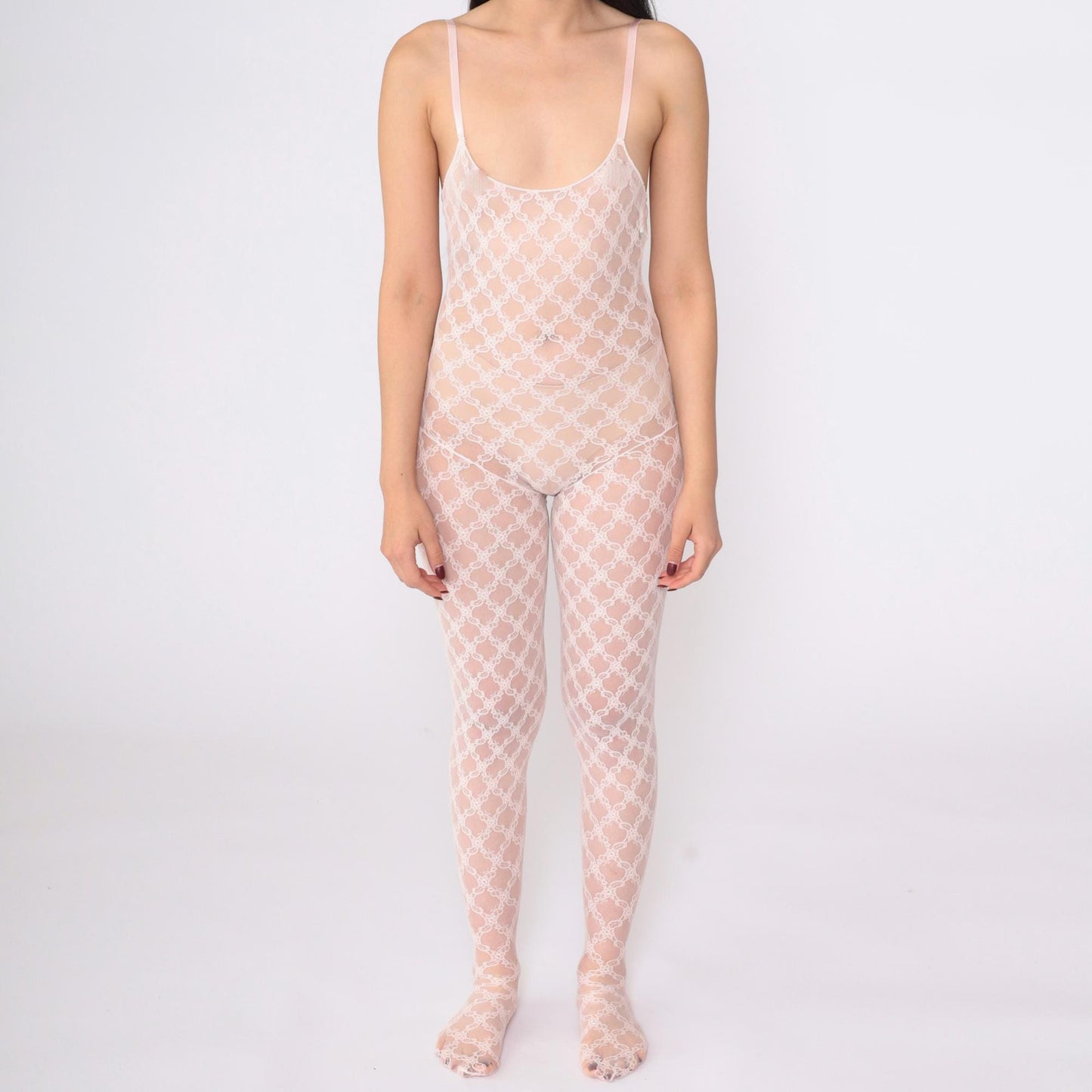 80s Pink Lace Bodystocking Lingerie Bodysuit Spaghetti Strap Footie Extra Small