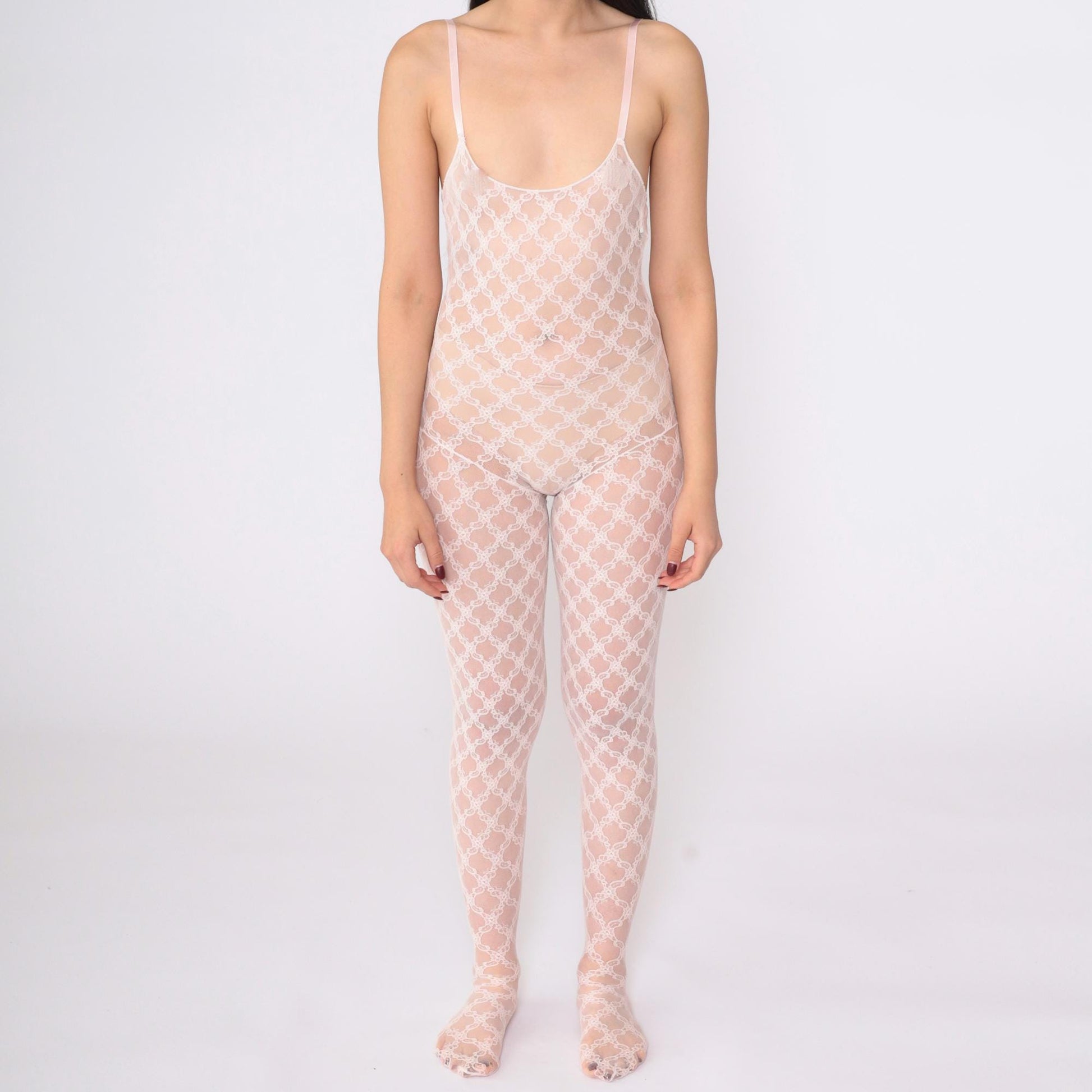 80s Pink Lace Bodystocking Lingerie Bodysuit Spaghetti Strap Footie Extra Small