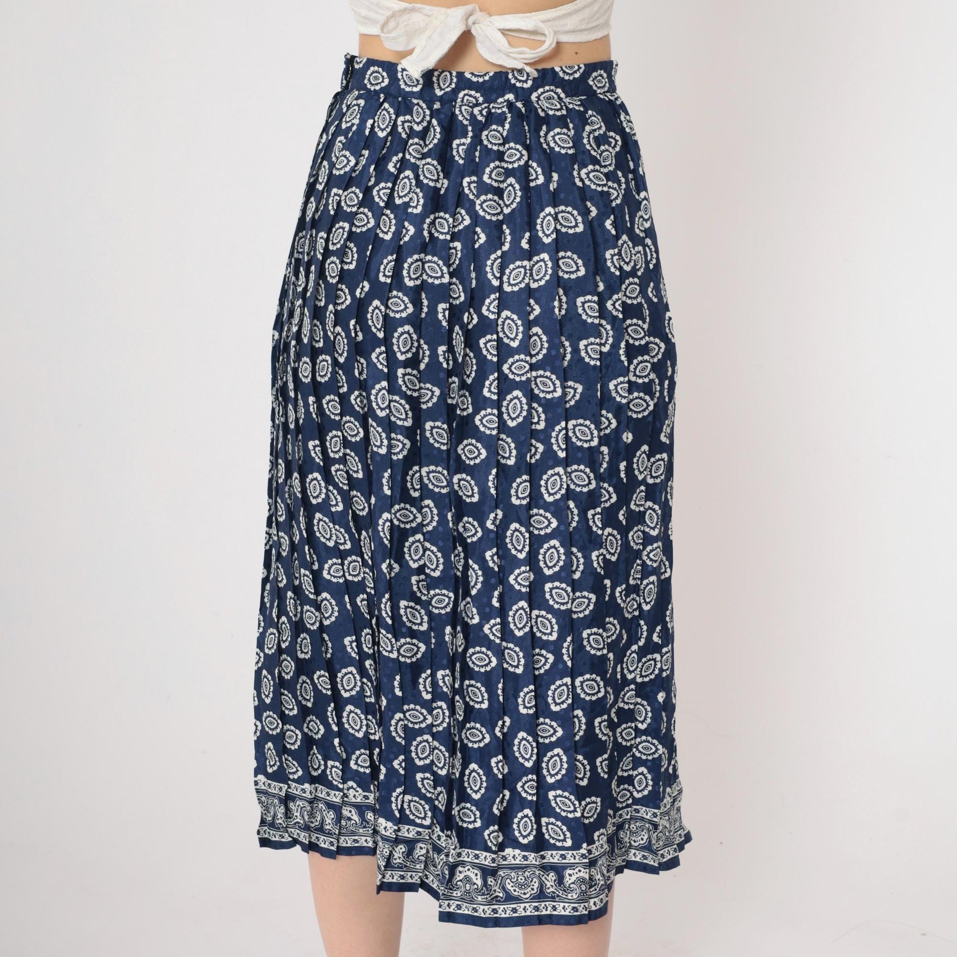 90s Geometric Midi Skirt High Waisted Pleated Blue Paisley Print Small