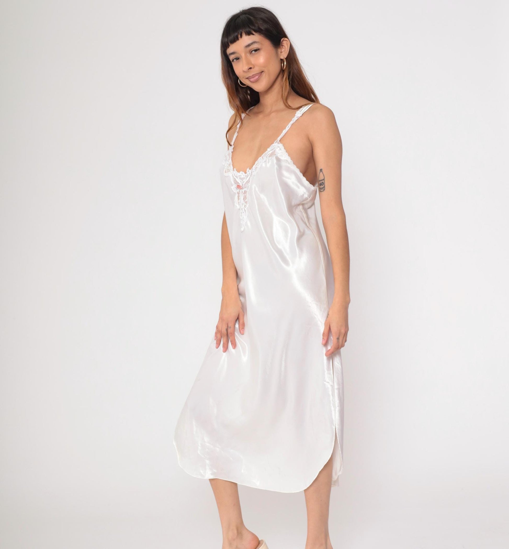 90s White Satin Slip Dress Midi Lace Trim Criss-Cross Back Large
