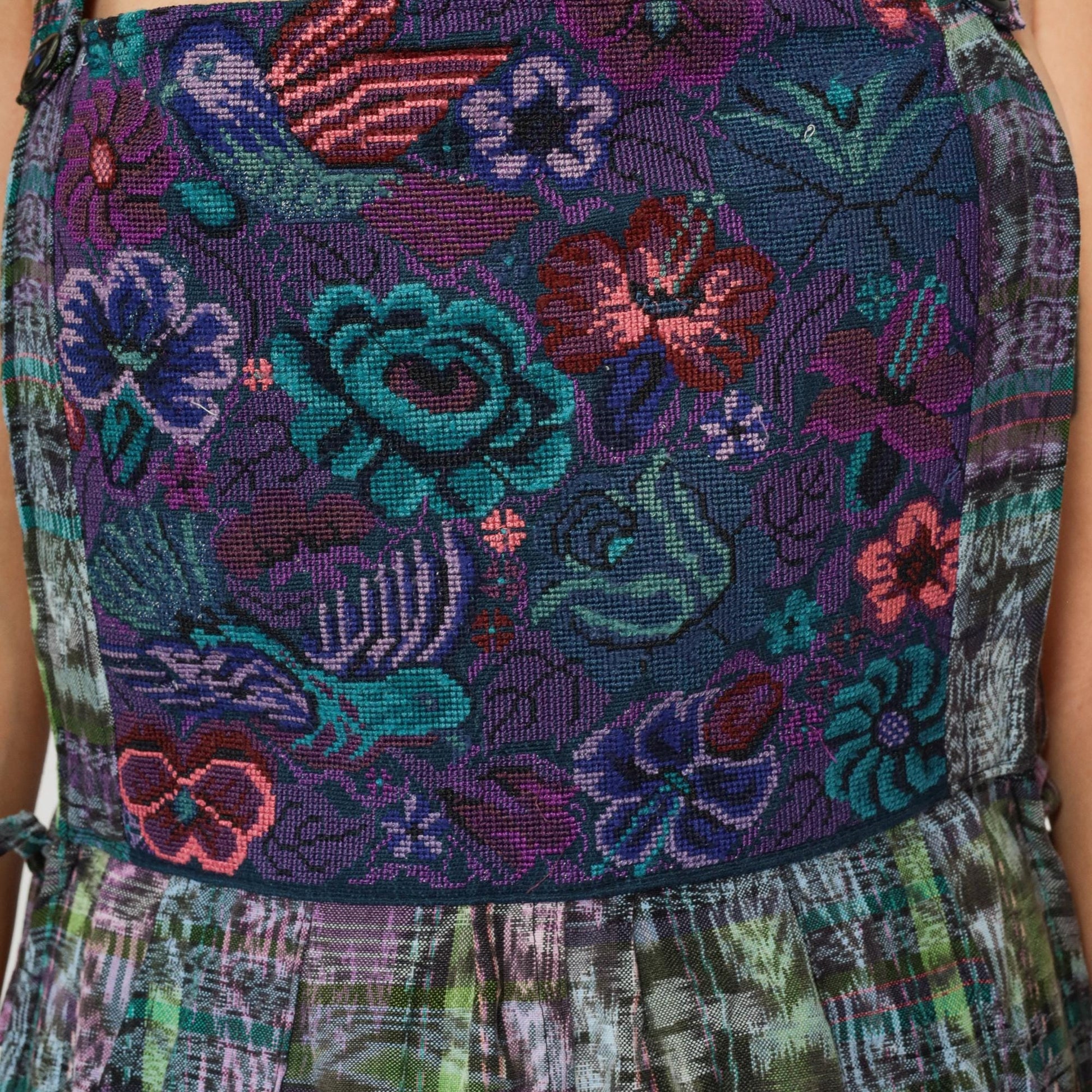 90s Guatemalan Patchwork Jumpsuit Floral Bird Print Square Neck Open Sides Large