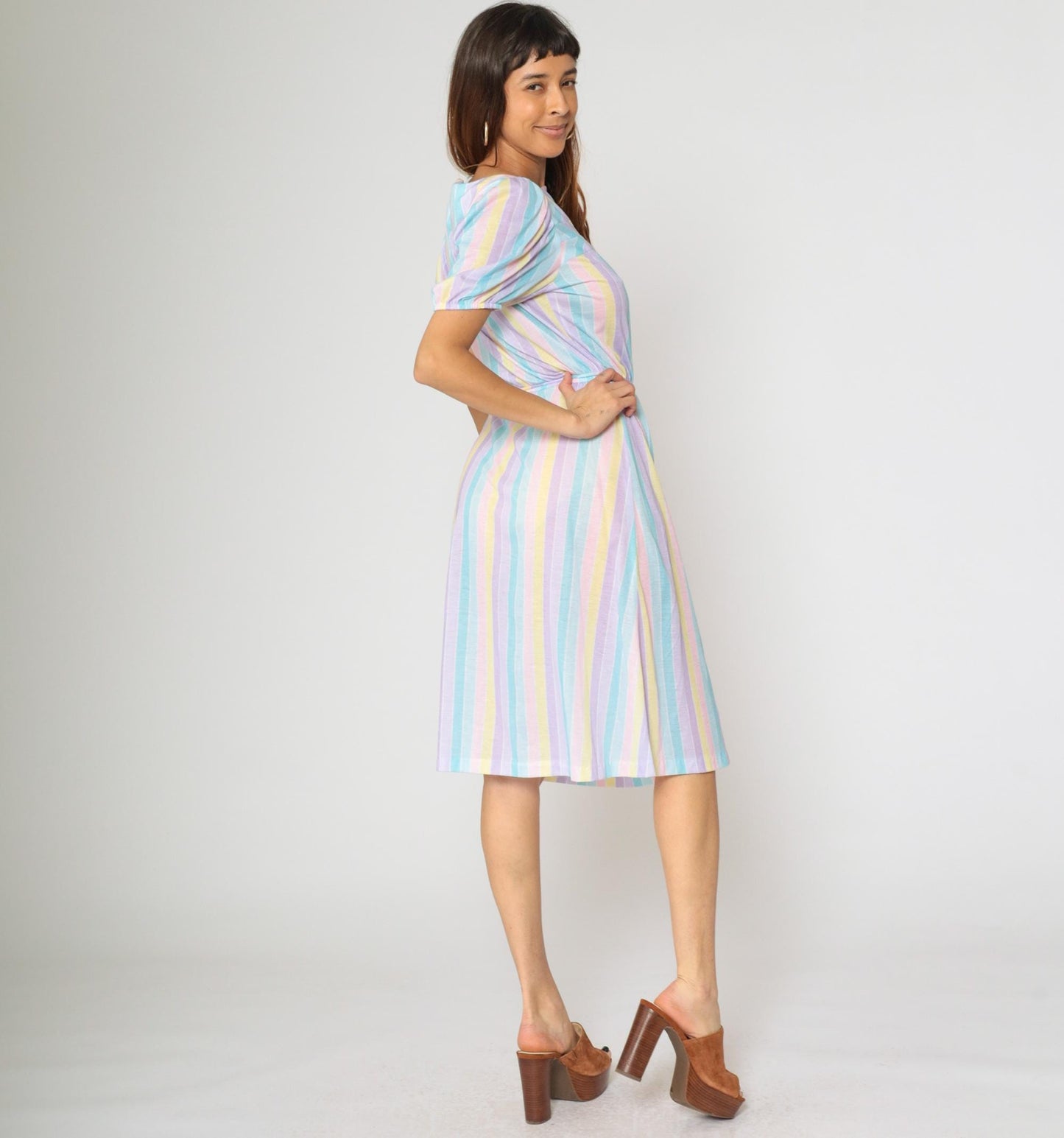 80s Pastel Striped Midi Dress Puff Sleeve Elastic Waist Small Medium