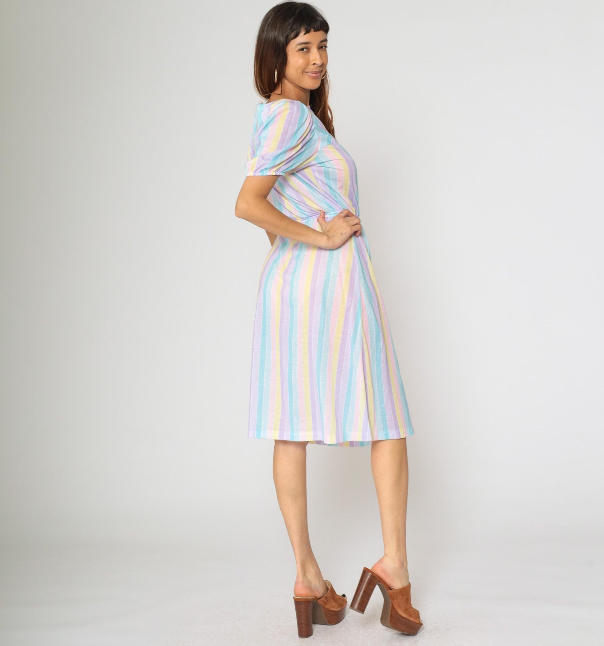 80s Pastel Striped Midi Dress Puff Sleeve Elastic Waist Small Medium
