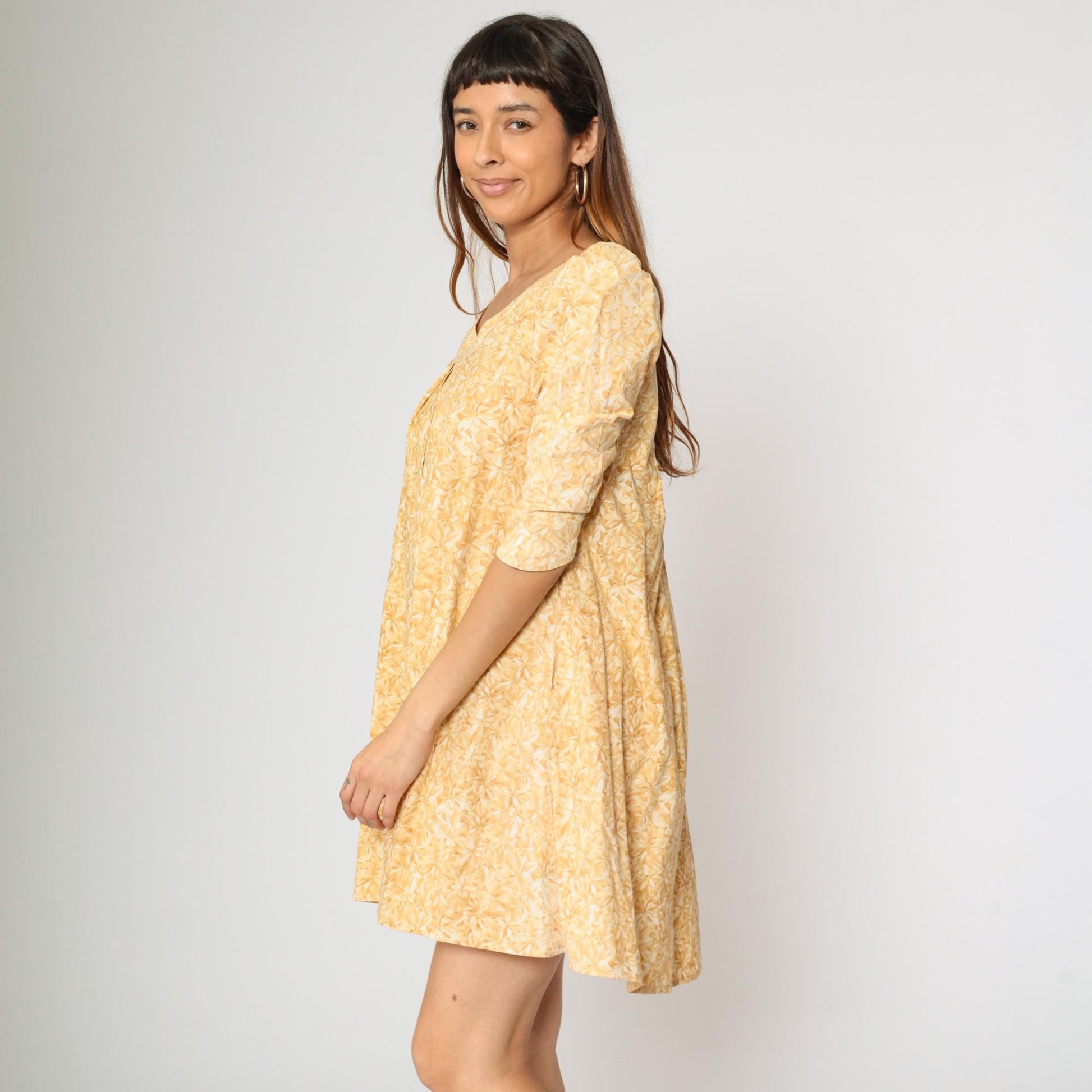 90s Hilo Hattie Hawaiian Yellow Floral Mini Dress Puff Sleeve A-Line Extra Small