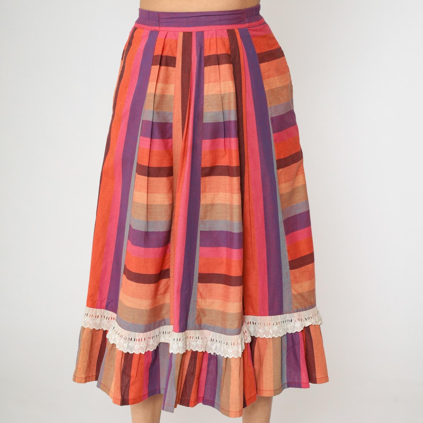80s Striped Prairie Midi Skirt Pink Purple Orange Lace High Waisted Small