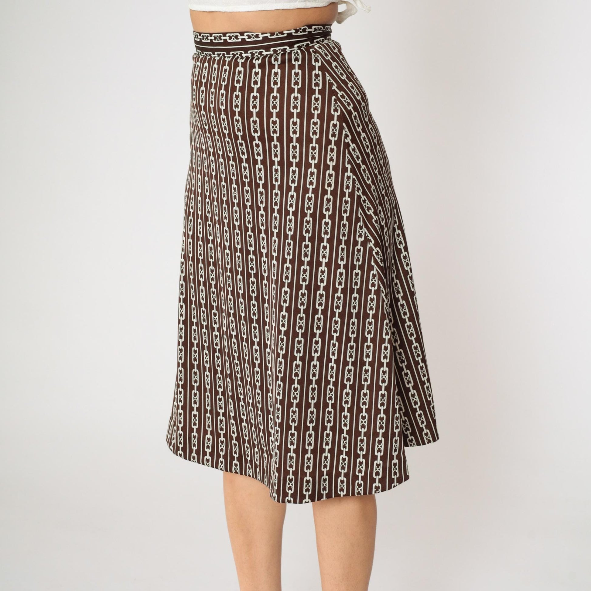 60s Brown Chain Print Midi Skirt A-Line High Waist Flared Small