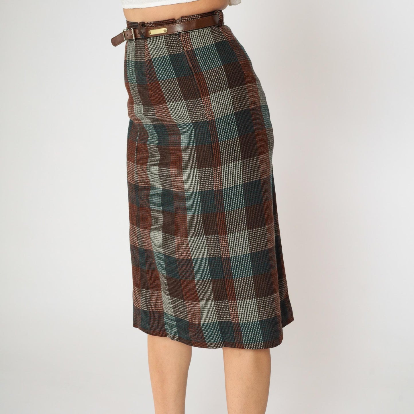 80s Wool Checkered Midi Skirt High Waist Pleated Orange Teal Brown Small