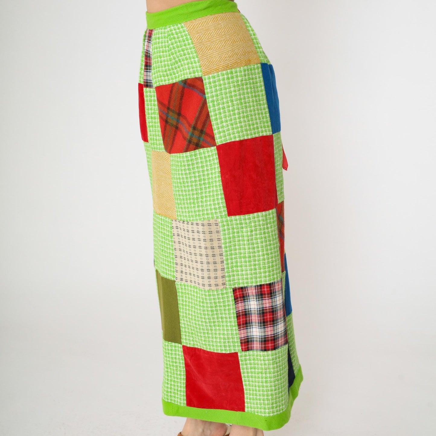 1970s Patchwork Plaid Maxi Skirt Lime Green Checkered Small