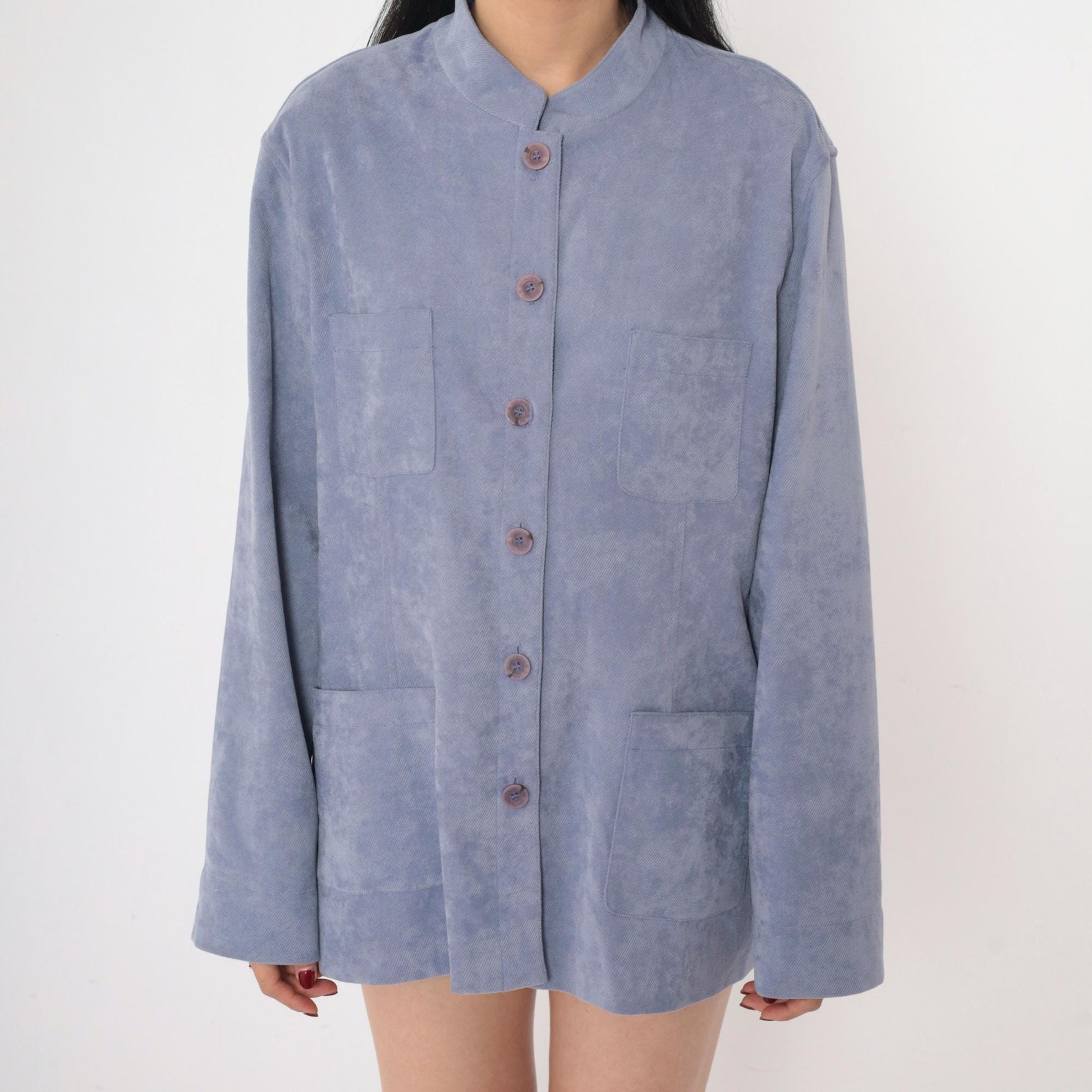 90s Blue Mottled Ribbed Jacket Stand Collar Button-Up Shacket Extra Large
