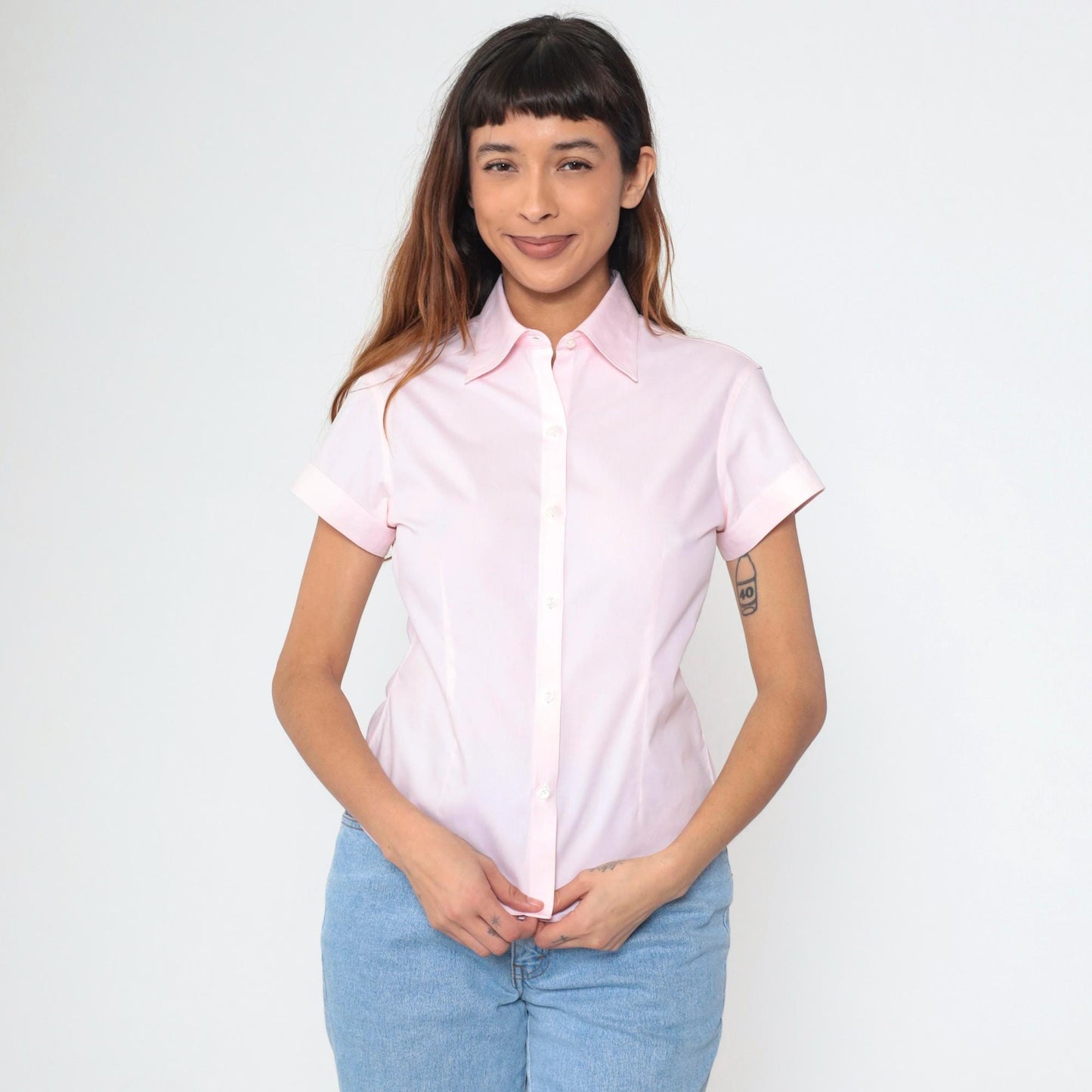 90s Brooks Brothers Baby Pink Cotton Button-Up Blouse Short Sleeve Petite 2P