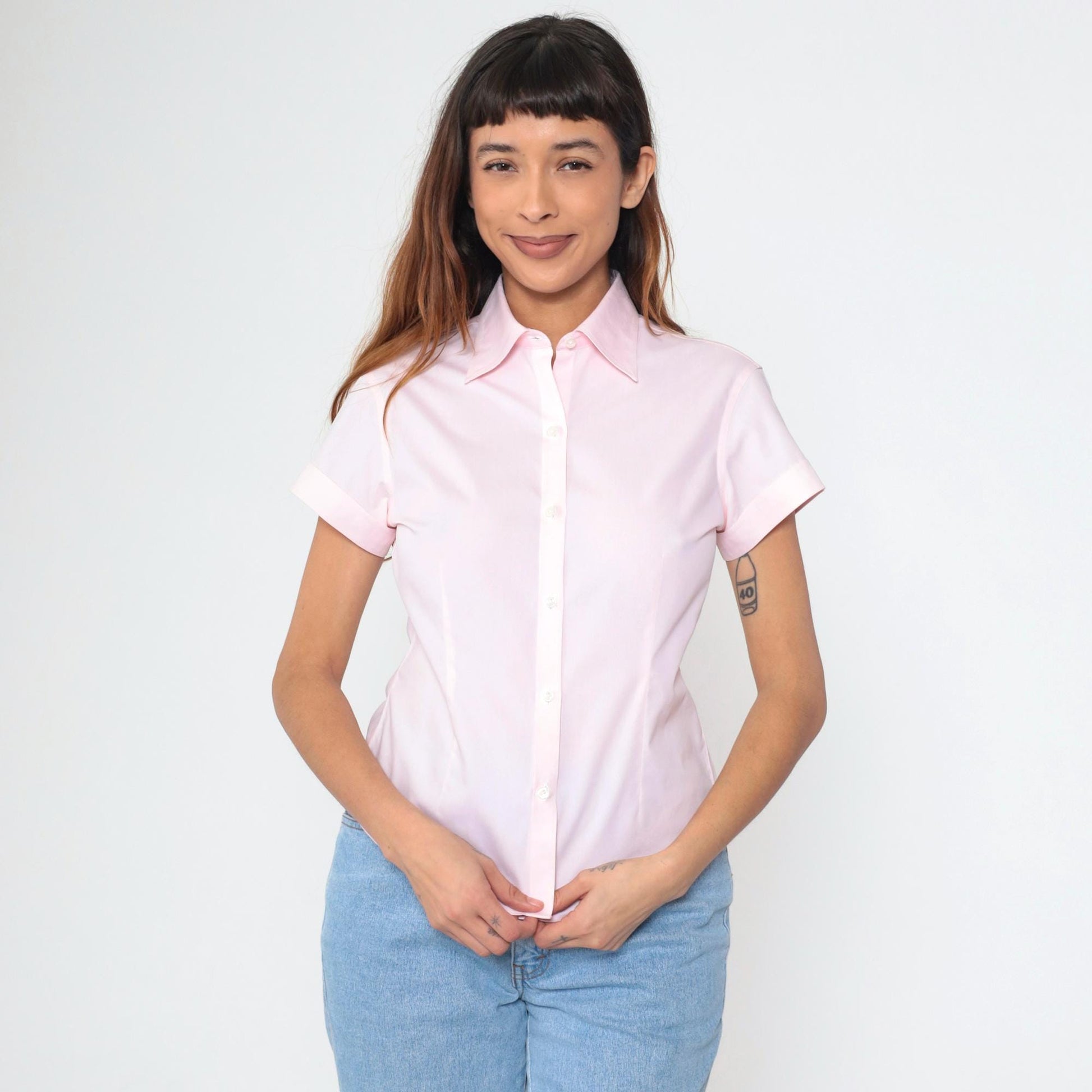 90s Brooks Brothers Baby Pink Cotton Button-Up Blouse Short Sleeve Petite 2P