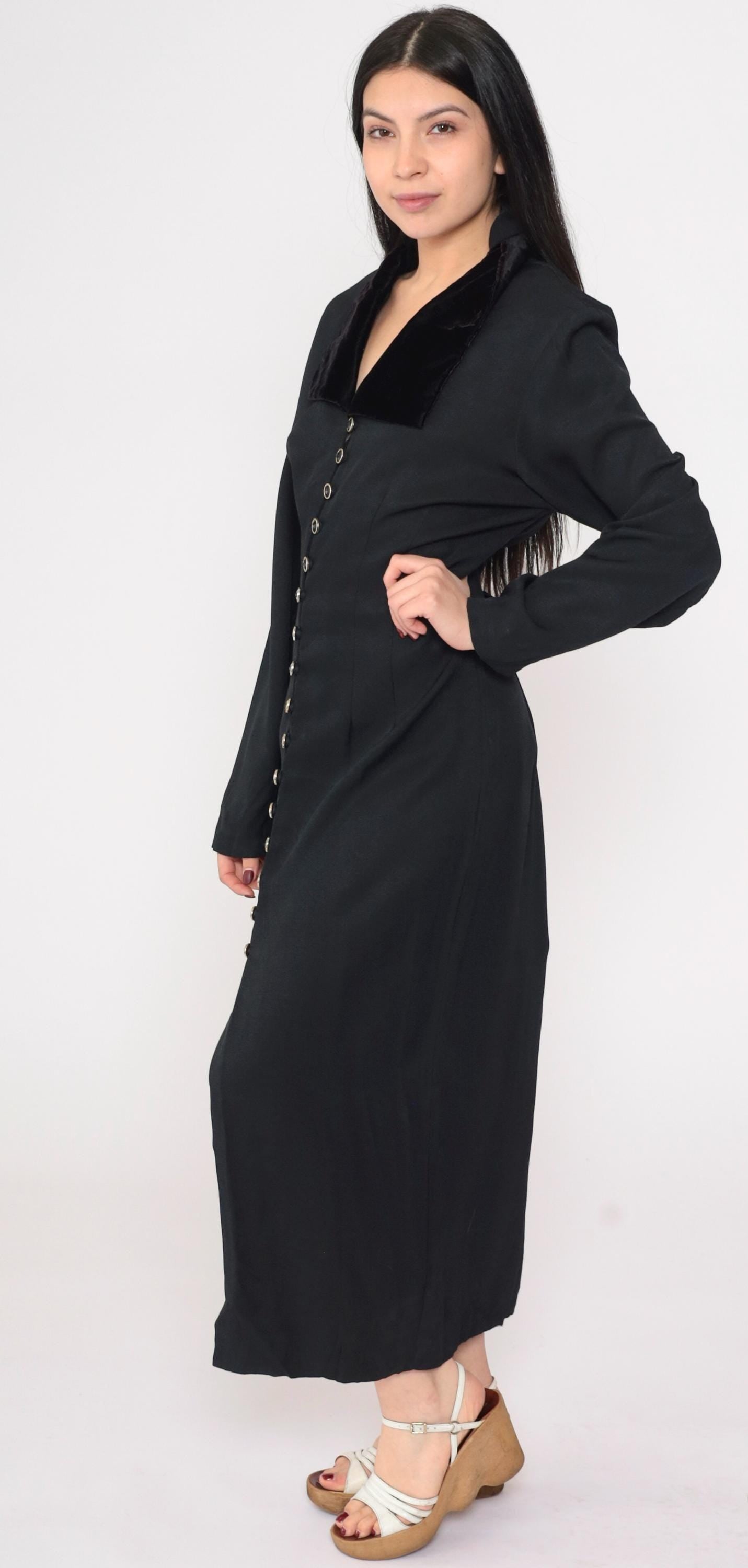 90s Black Velvet Collar Maxi Shirtdress Button Front Slit Large L