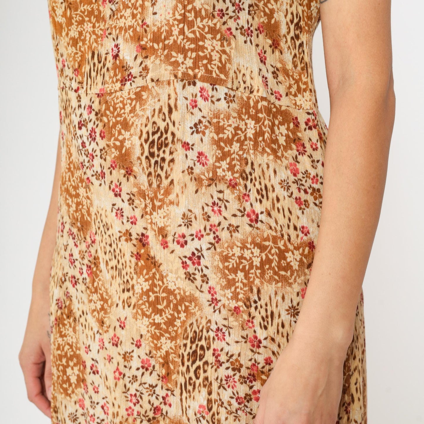 90s Kathie Lee Leopard Floral Midi Dress High Waist Sleeveless Beige Burnt Orange Medium